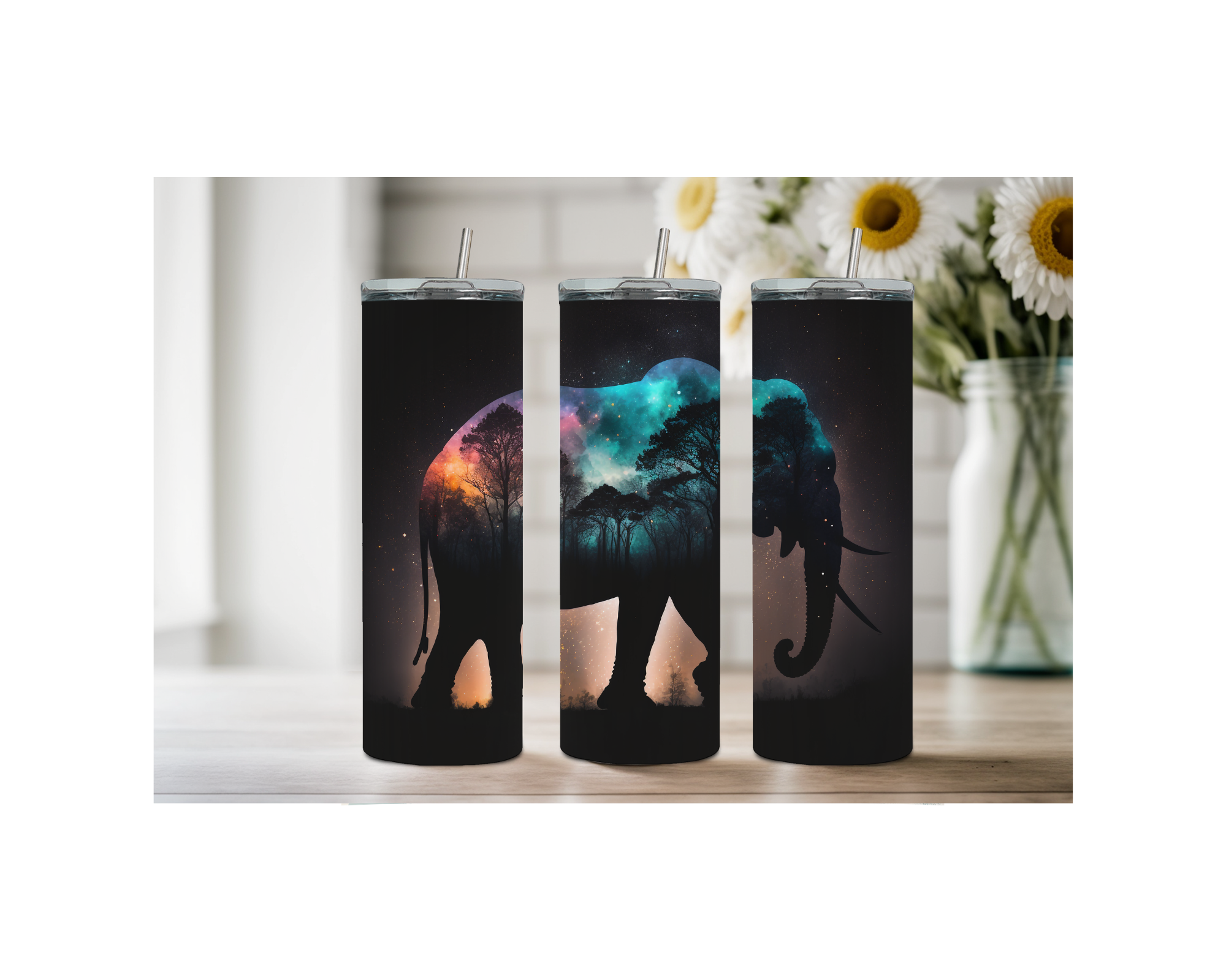 Three elephant stainless steel tumblers with galaxy designs, perfect for animal lovers and daily motivation.