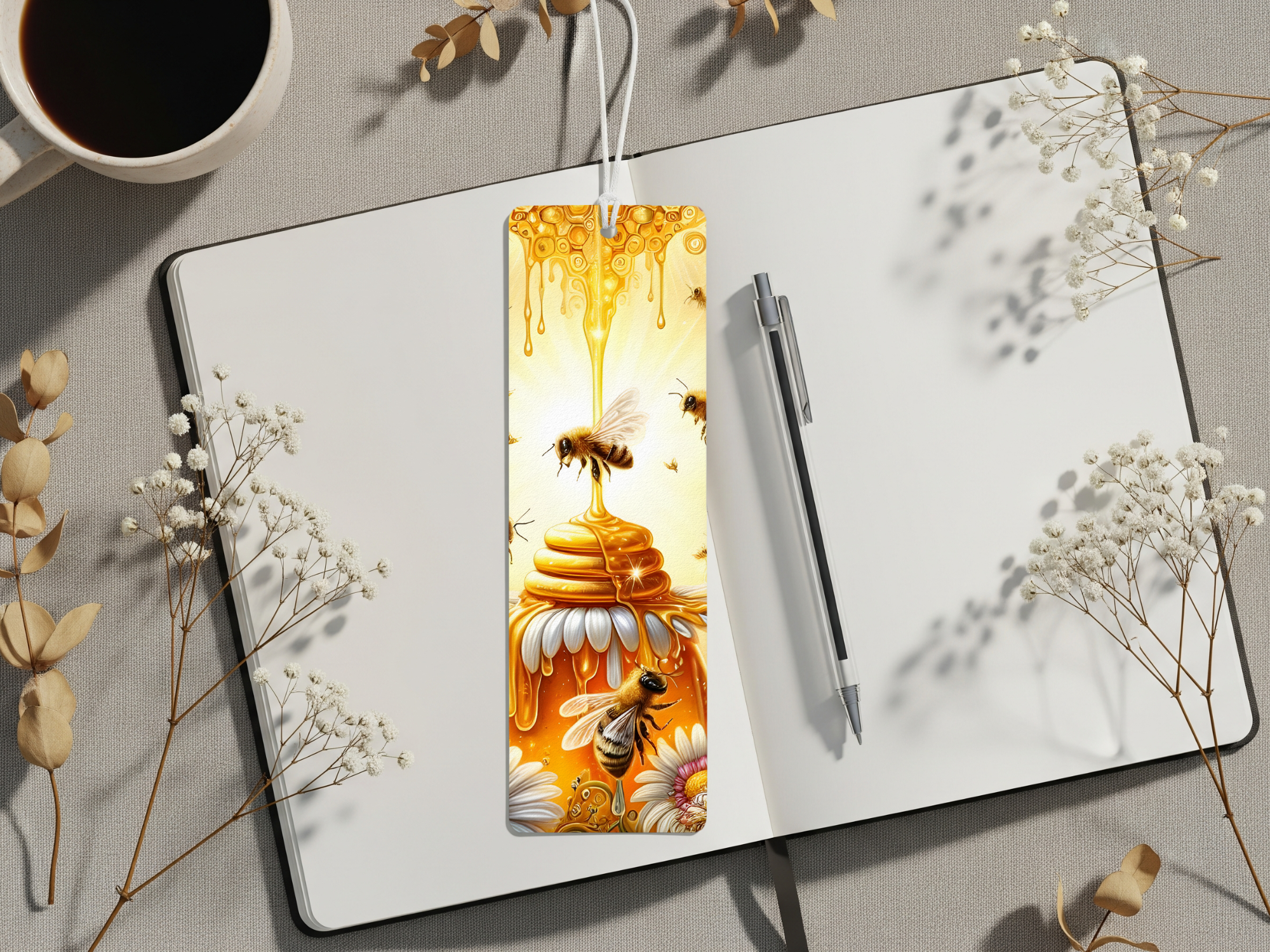 Honeybee aluminum bookmarks featuring bright bee designs on a honeycomb background, perfect for marking pages.