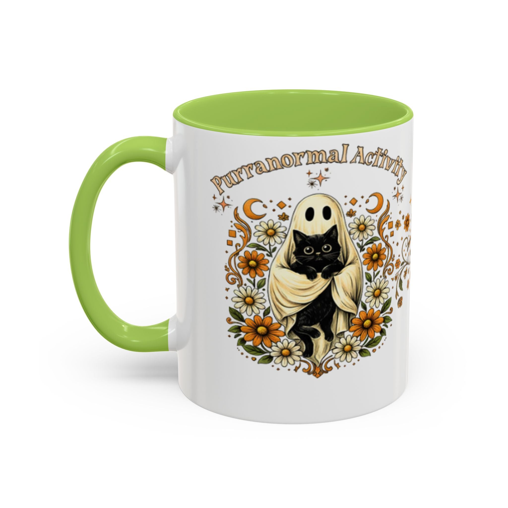 Purranormal Activity Accent Coffee Mug — Black Cat Crescent Moon Floral 11/15oz