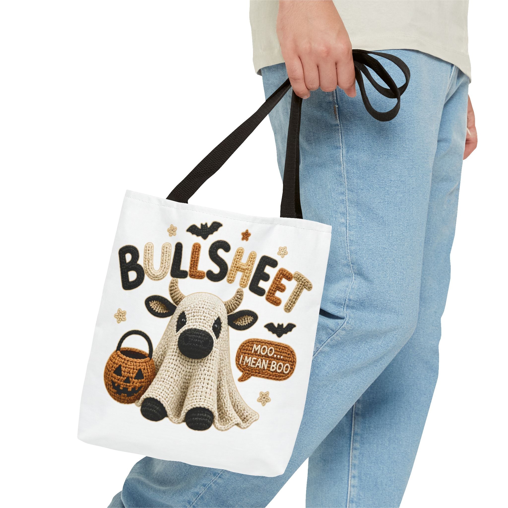 Bullsheet Halloween Faux Crochet Tote Bag — Cute Cow Ghost Trick-or-Treat Bag