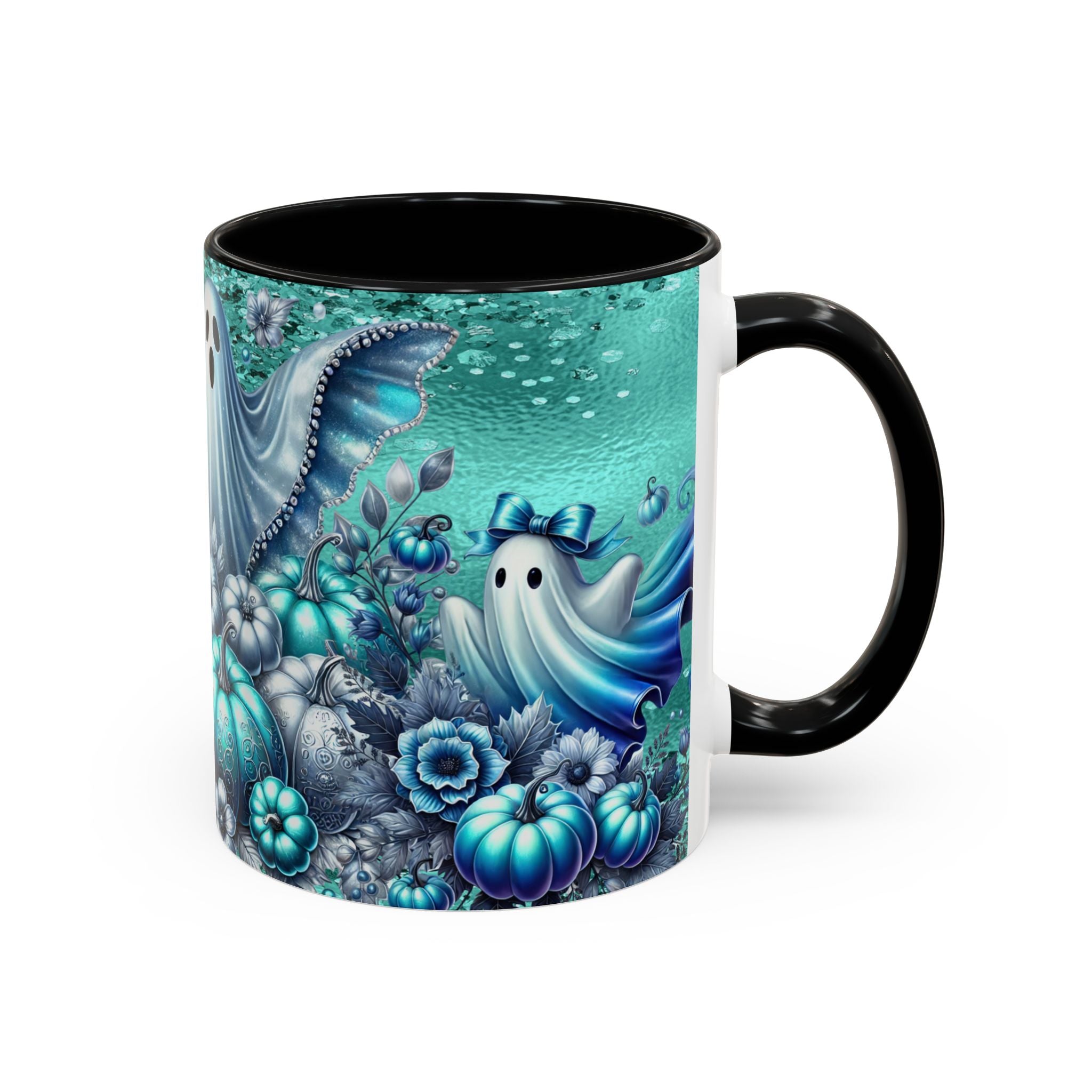 Teal Ghosts & Pumpkins Coffee Mug — Halloween Accent Mug (11/15 oz)