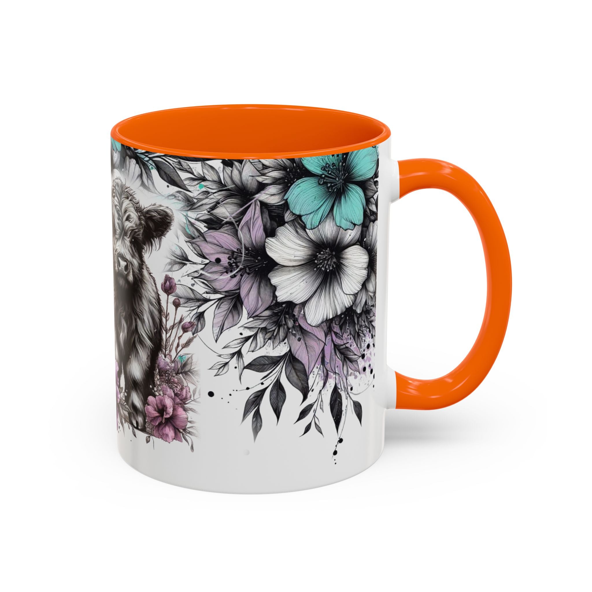 Highland Cow Floral Accent Coffee Mug — Cute Rustic Farmhouse Kitchen Gift