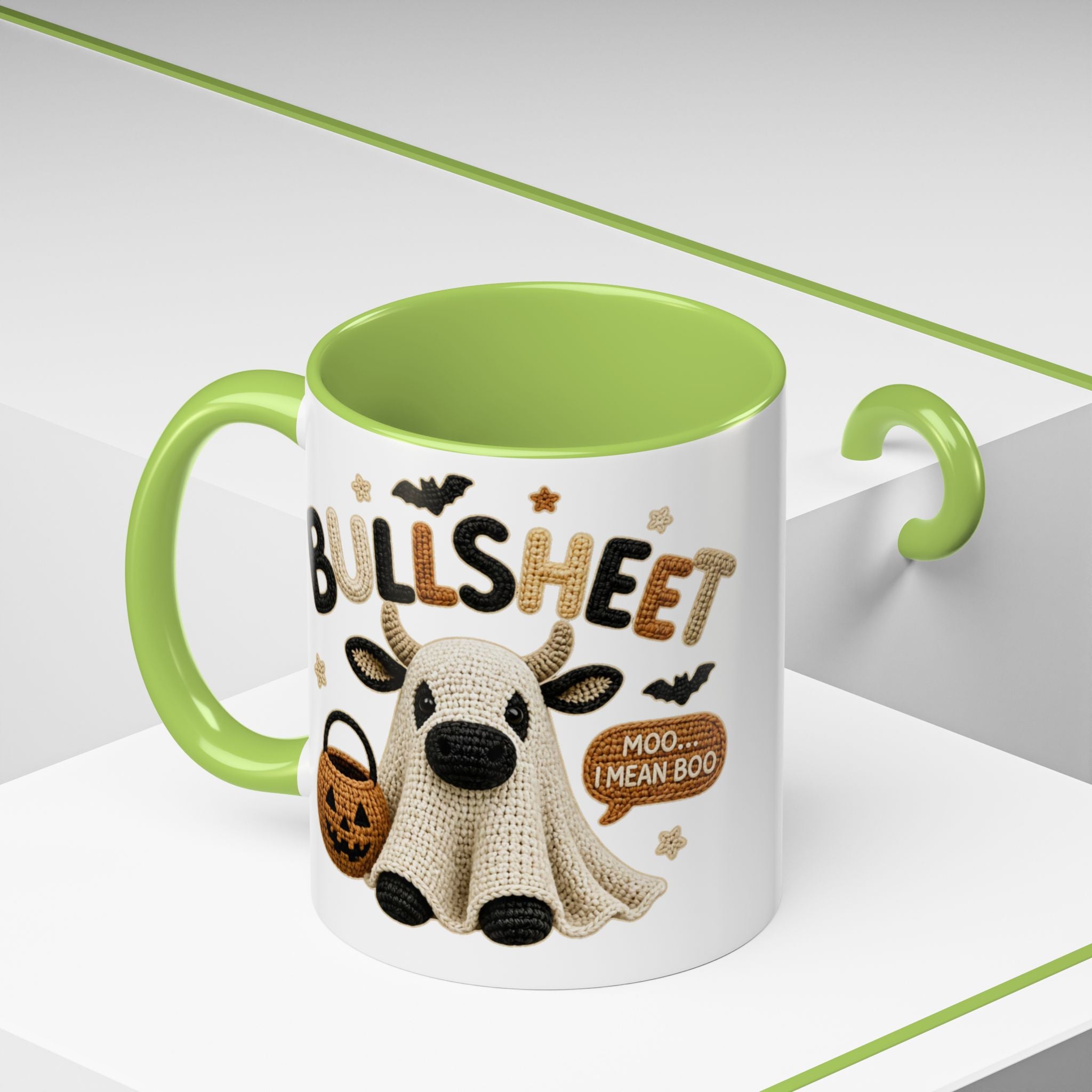 Bullsheet Faux Crochet Accent Coffee Mug — Cute Ghost Cow Trick-or-Treat Design (11oz)