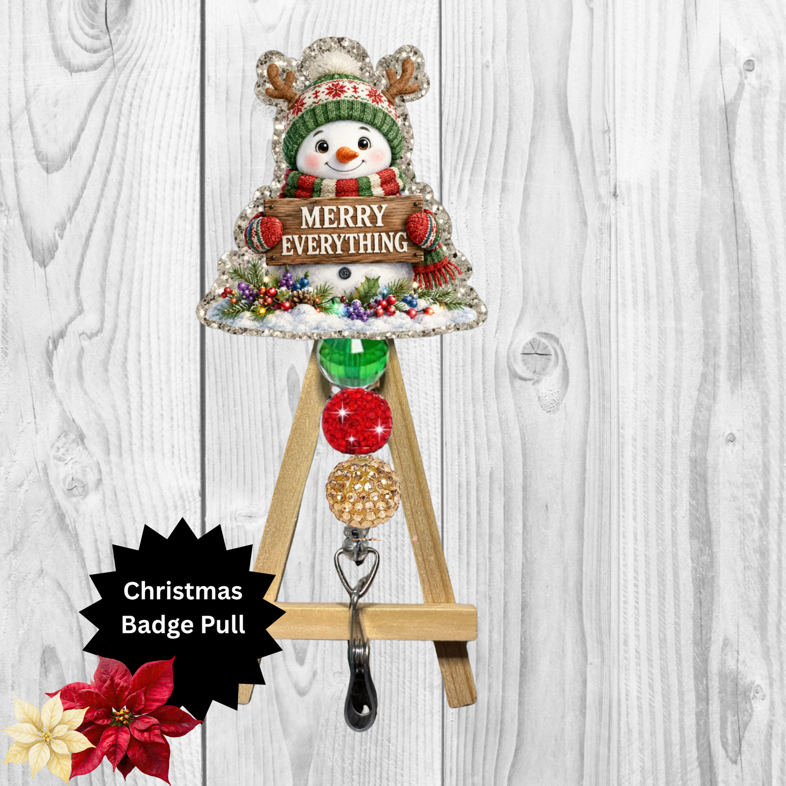 Merry Everything Snowman Glitter Badge Pull | Badge Reel TheCraftNook