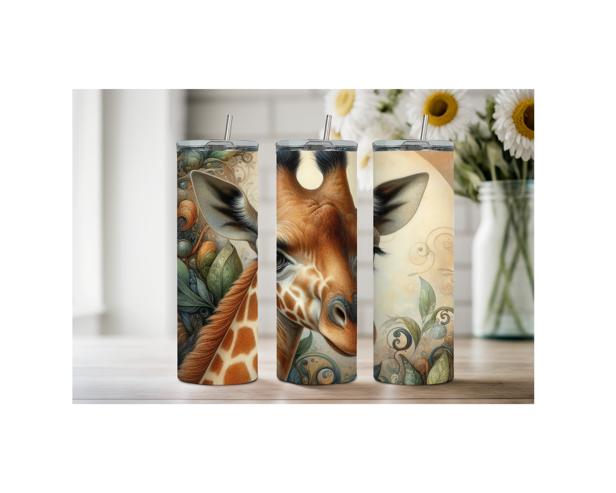 Giraffe stainless steel tumbler collection featuring intricate giraffe artwork and vibrant designs.
