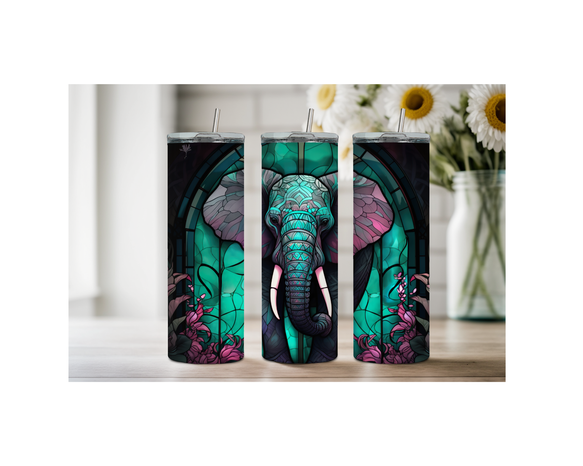 colorful elephant stainless steel tumbler trio showcasing whimsical design and durability, perfect for elephant lovers.