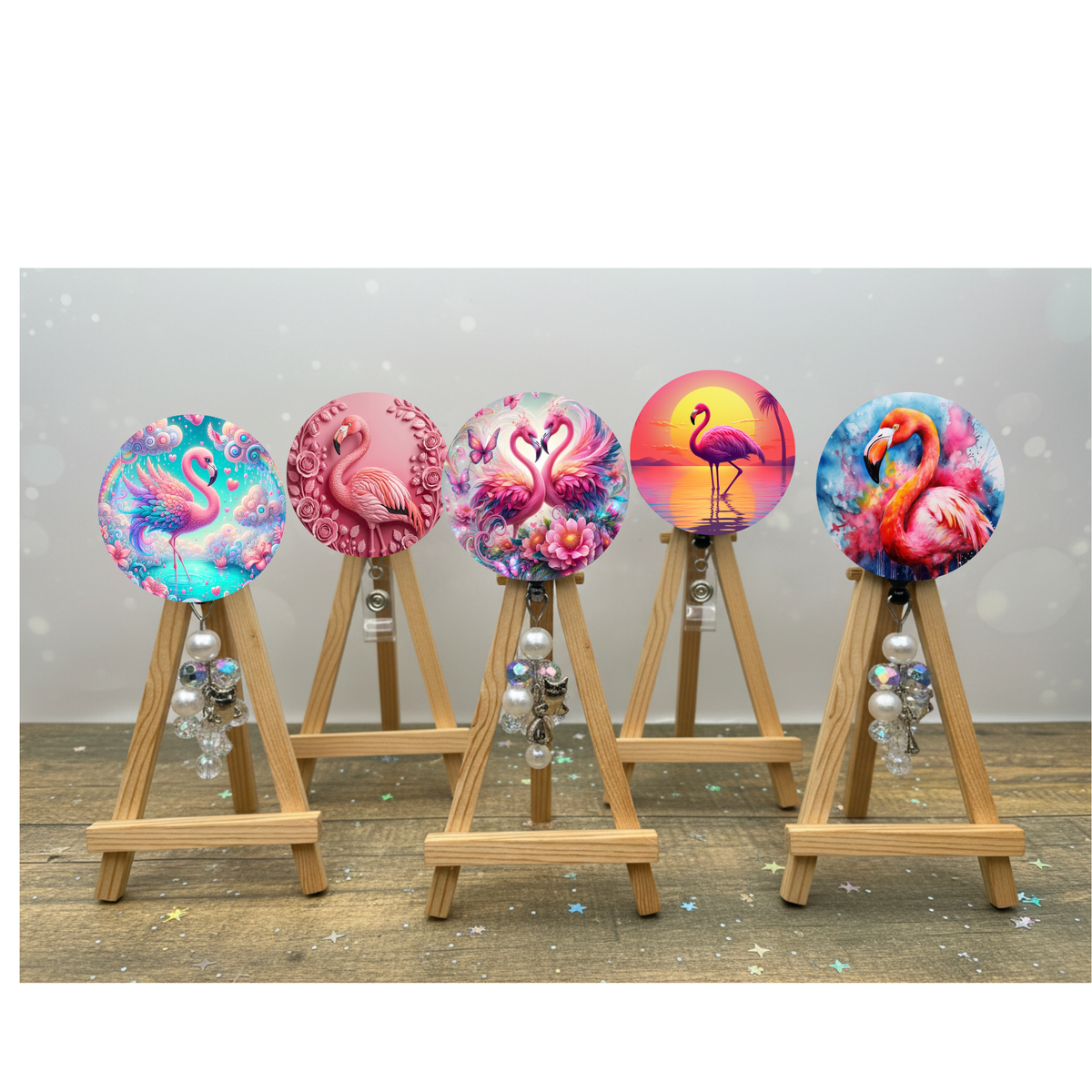 Pink Paradise Flamingo badge pulls. Multiple Images available. Add beads or shimmer glitter options. TheCraftNook