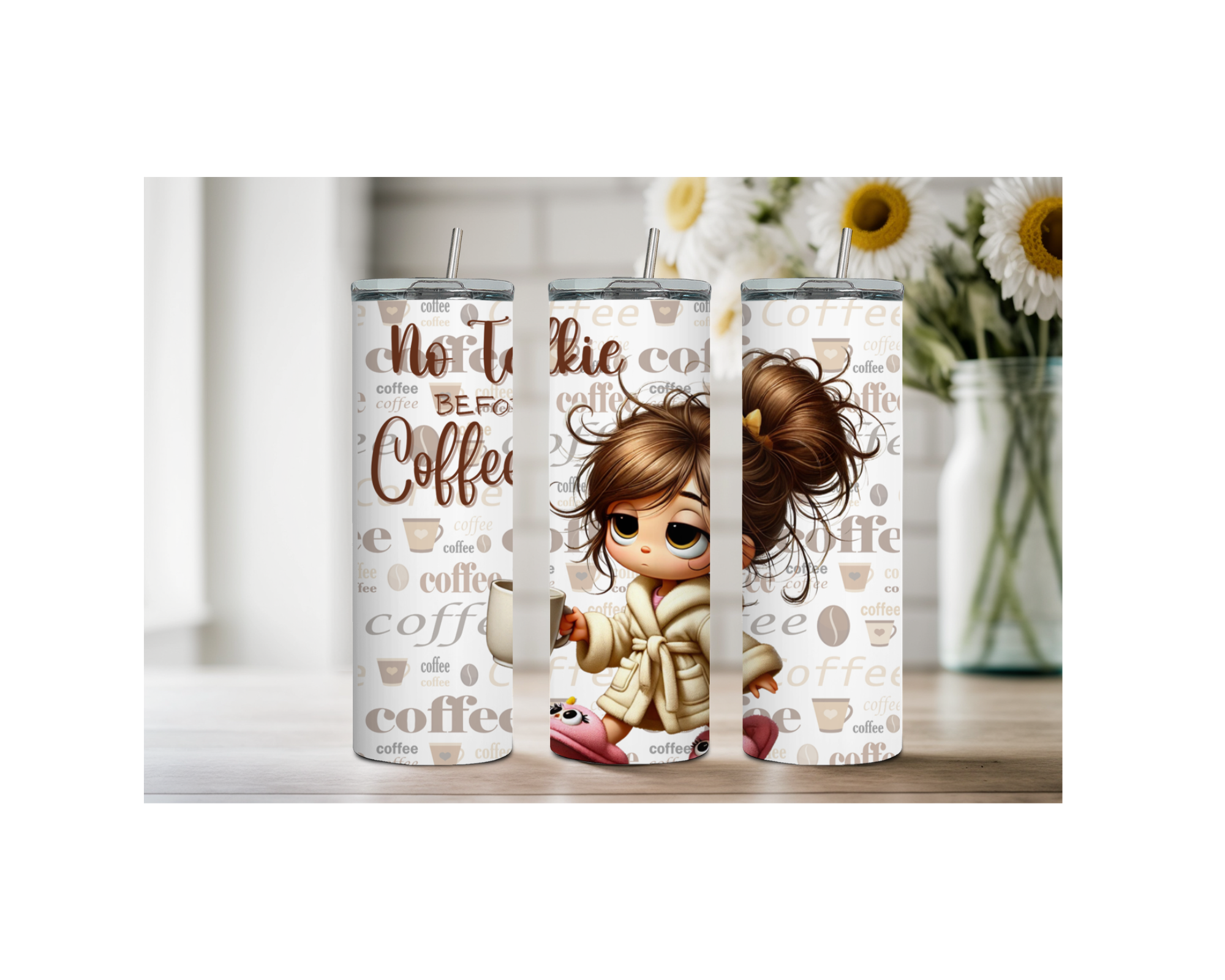 20 oz stainless steel coffee tumbler with cute character illustration and coffee-themed design.