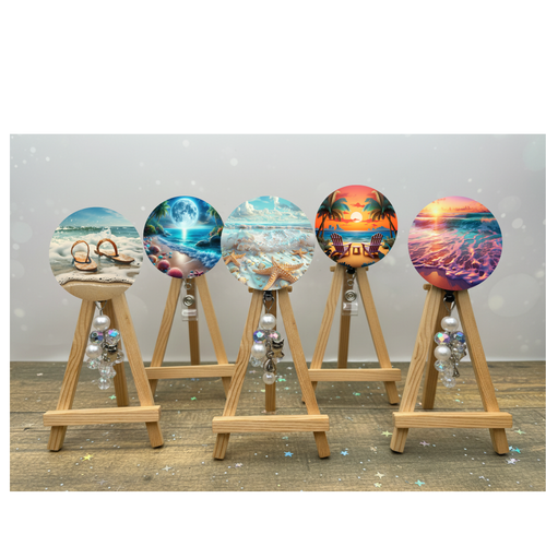 Beach badge pulls. Multiple Images available. Add beads or shimmer glitter options.