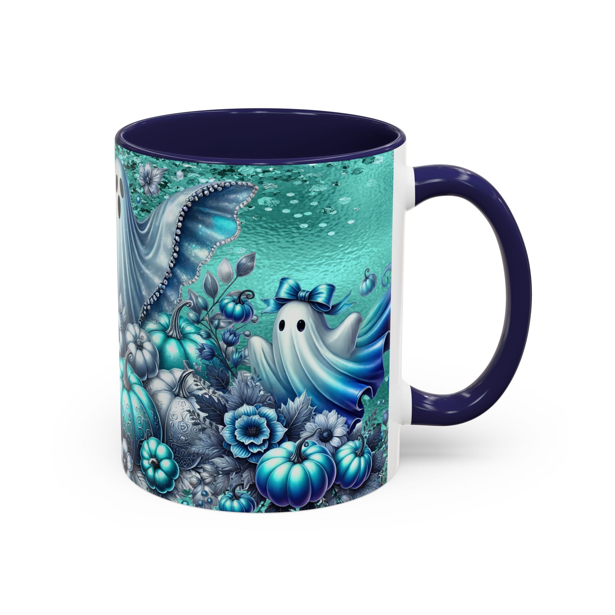 Teal Ghosts & Pumpkins Coffee Mug — Halloween Accent Mug (11/15 oz)