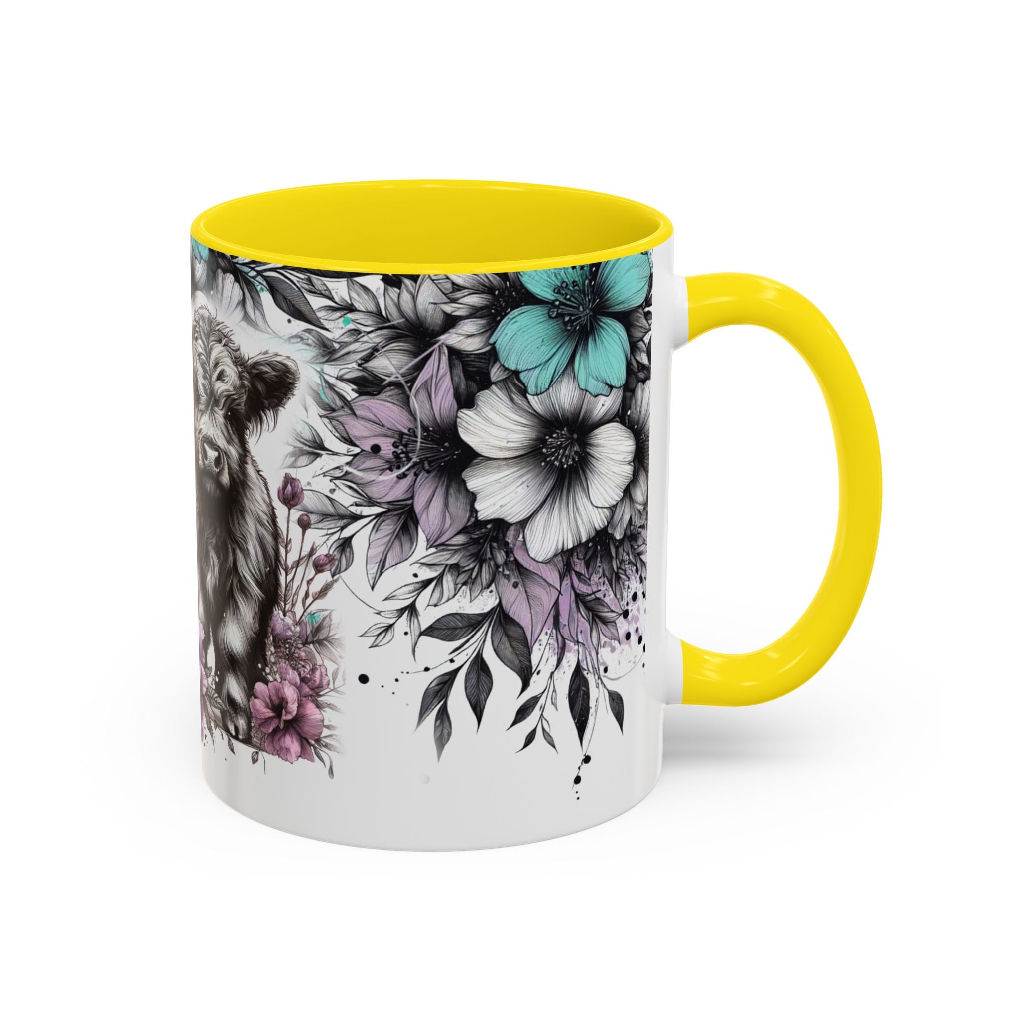 Highland Cow Floral Accent Coffee Mug — Cute Rustic Farmhouse Kitchen Gift