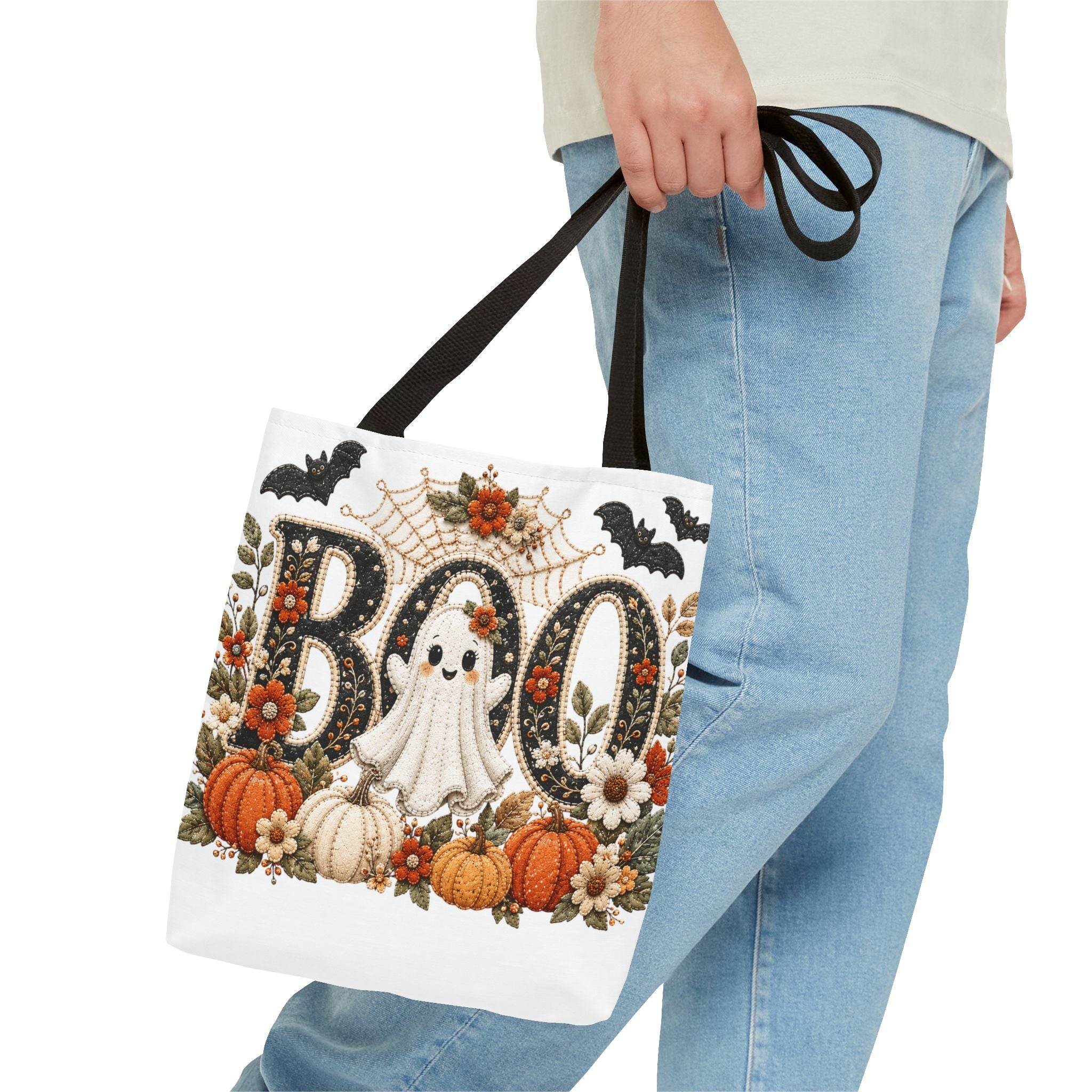 Cute Boo Tote Bag — Cute Ghost, Pumpkins & Floral Fall Trick-or-Treat Tote