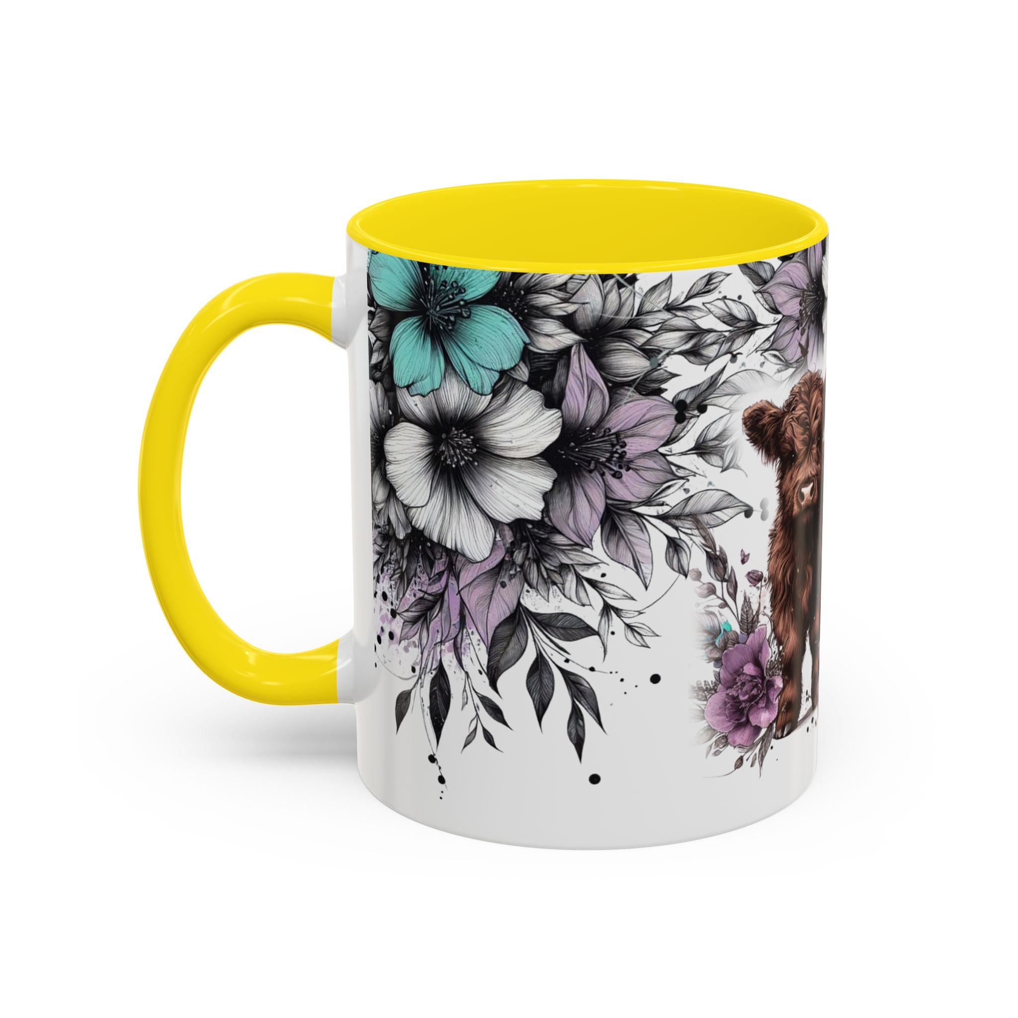 Highland Cow Floral Accent Coffee Mug — Cute Rustic Farmhouse Kitchen Gift