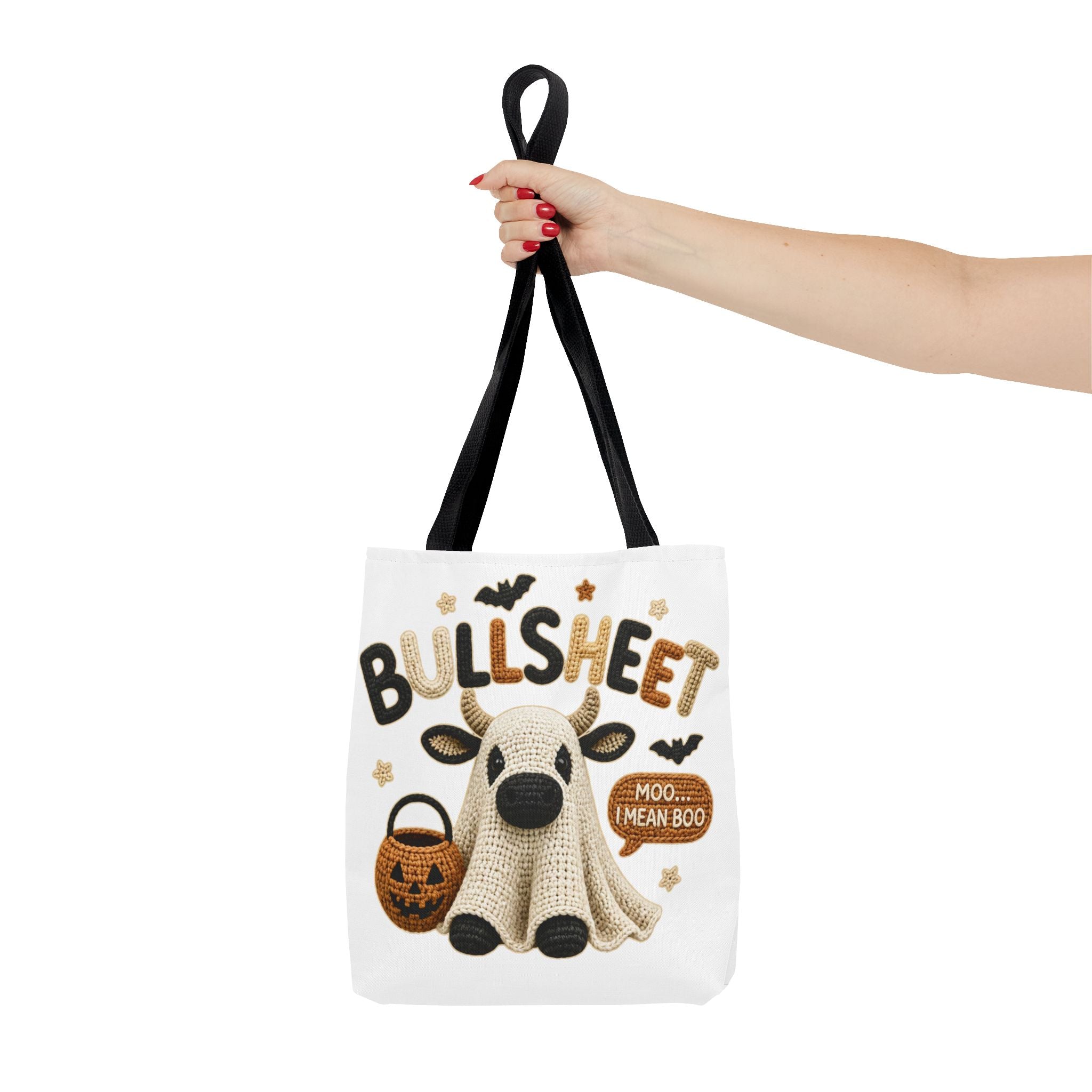 Bullsheet Halloween Faux Crochet Tote Bag — Cute Cow Ghost Trick-or-Treat Bag