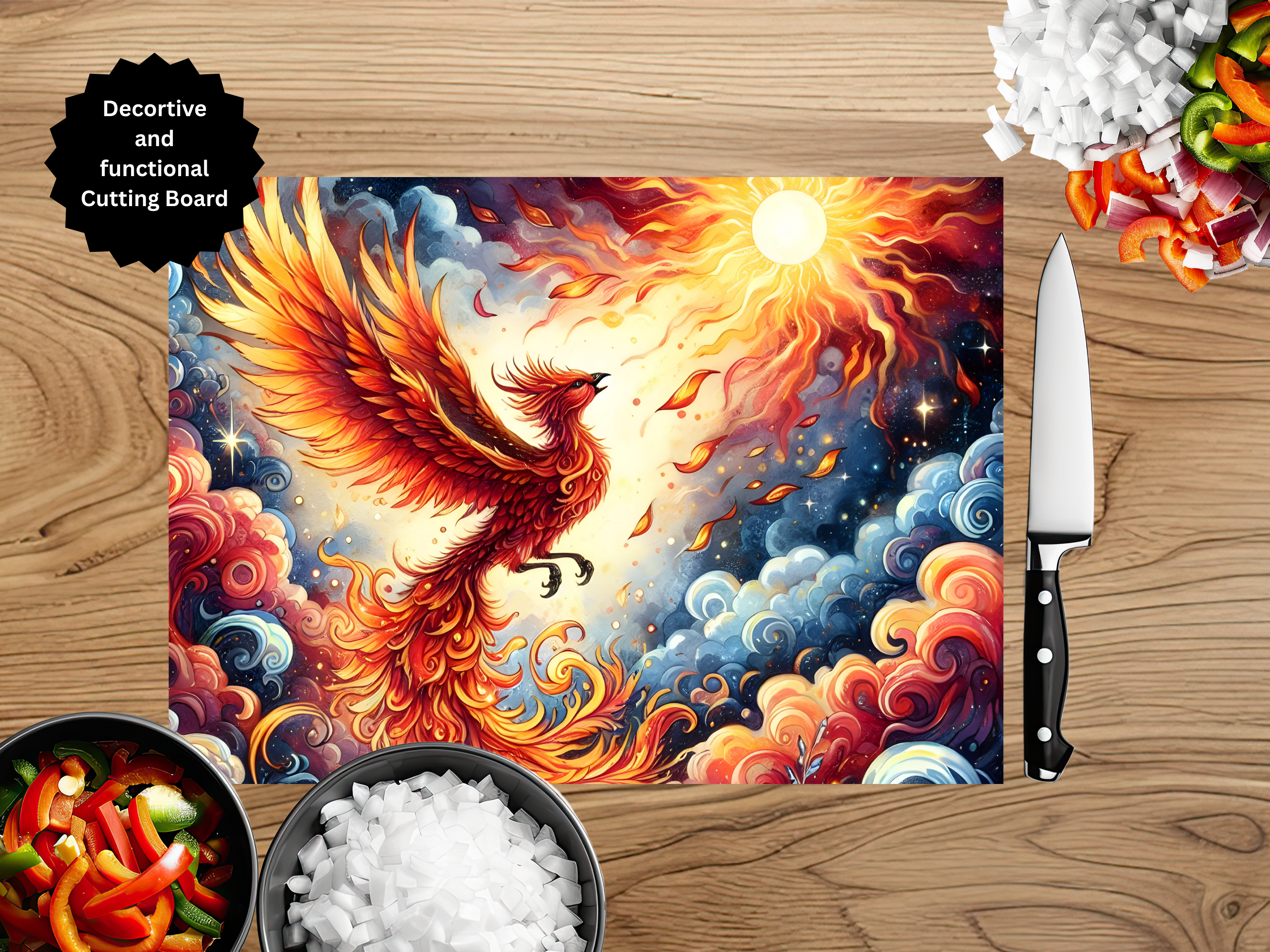 Colorful cutting board with a phoenix design on a wooden surface with a knife and food.