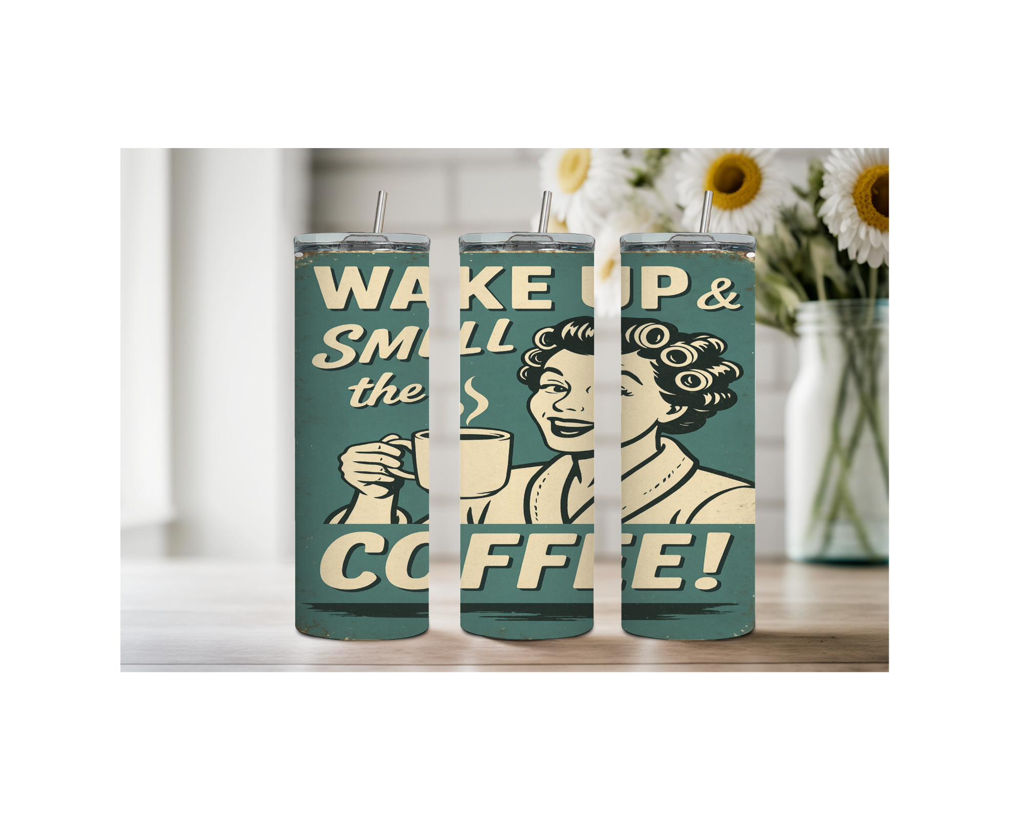 20 oz stainless steel coffee tumbler with retro 'Wake Up & Smell the Coffee!' design, perfect for coffee enthusiasts.