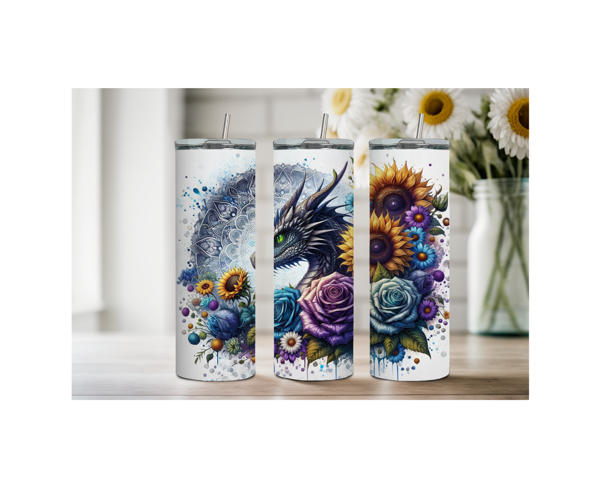 Dragon scales stainless tumbler trio featuring floral designs and dragon artwork, perfect for fantasy lovers.
