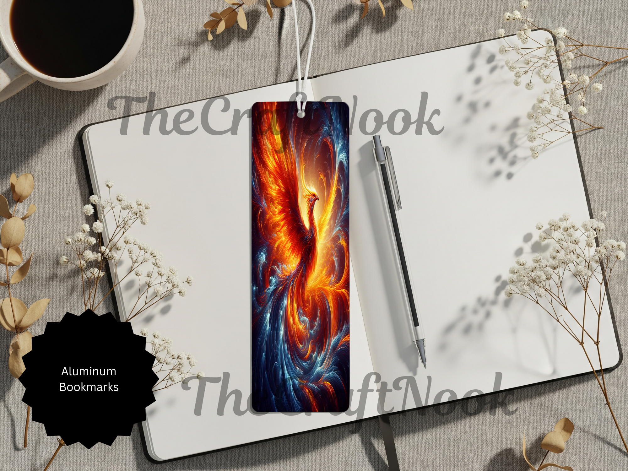 Stunning handcrafted phoenix bookmarks featuring a vibrant fire bird design on an 8-inch aluminum bookmark.