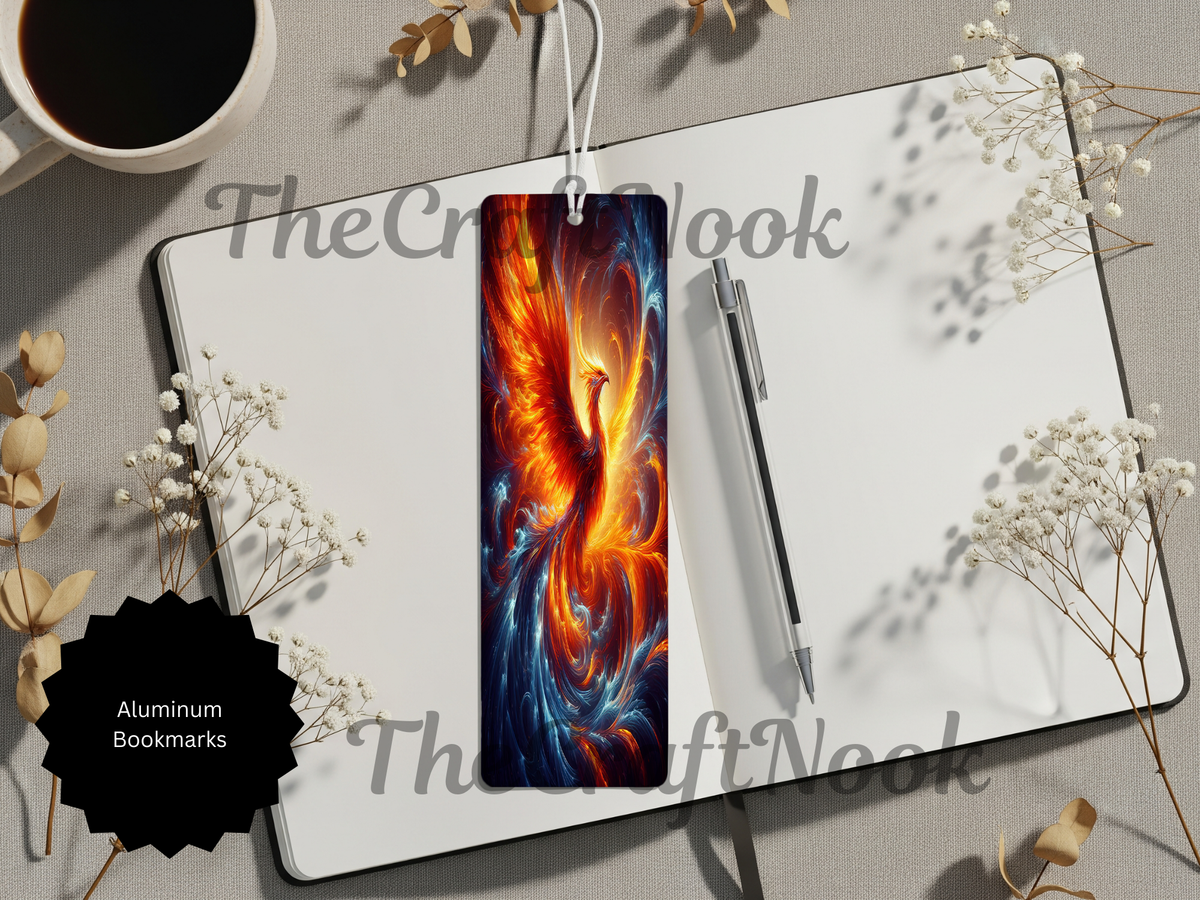 Stunning handcrafted phoenix bookmarks featuring a vibrant fire bird design on an 8-inch aluminum bookmark.