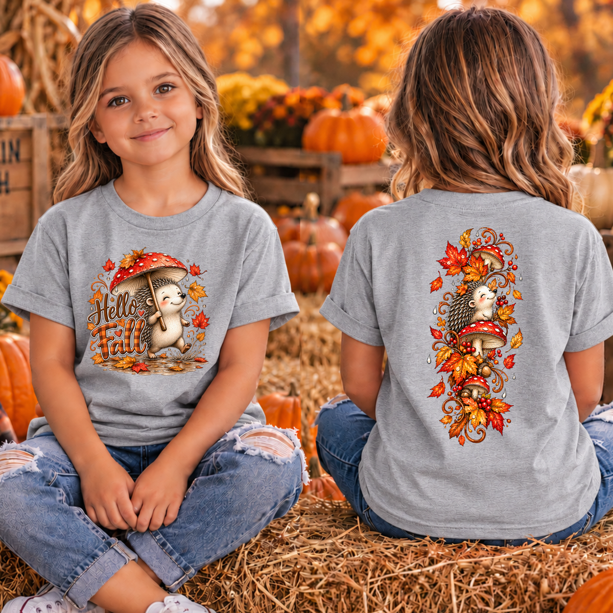 Kids Hello Fall Hedgehog Front and back Graphics TheCraftNook