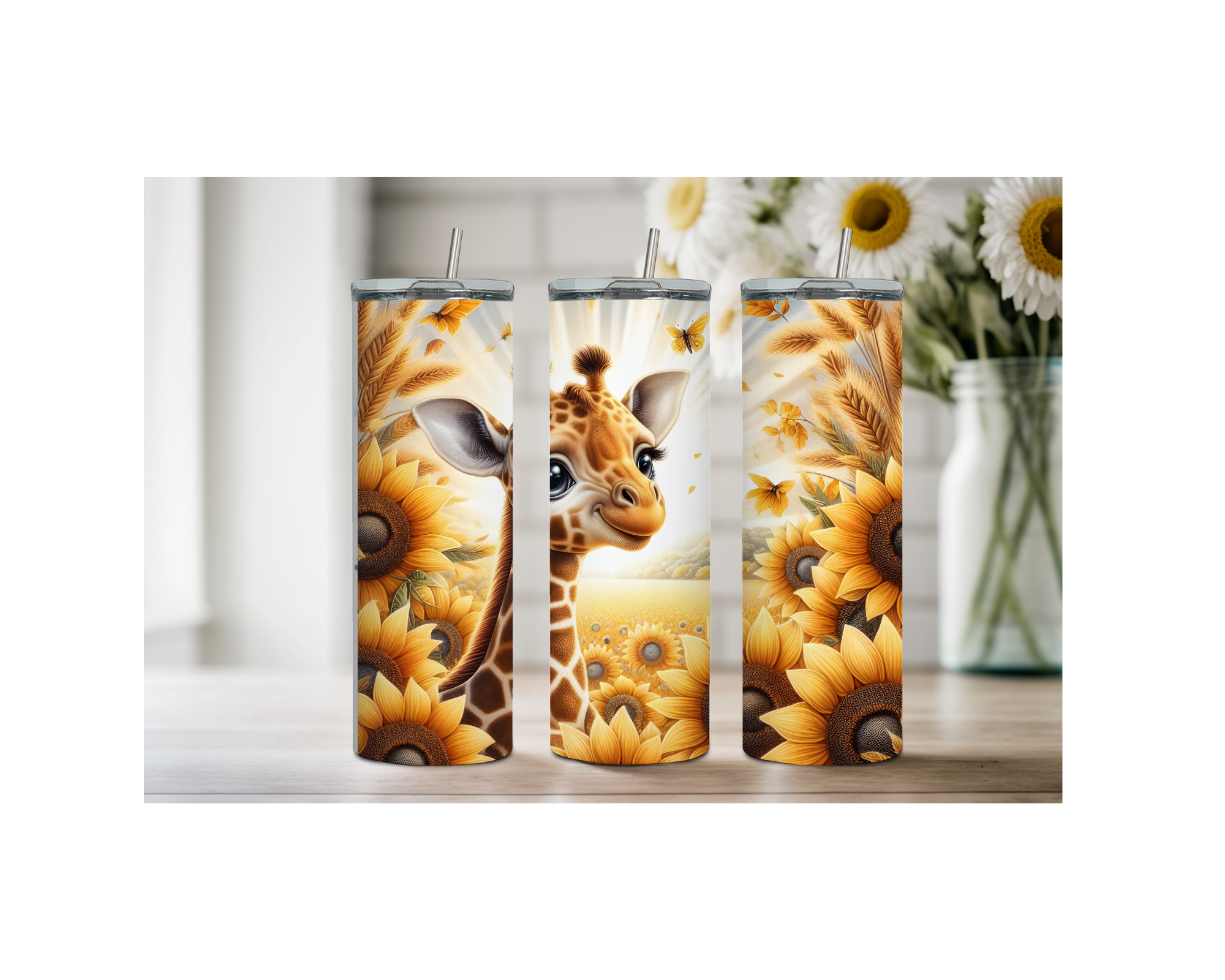 Three giraffe stainless steel tumblers adorned with sunflower designs, perfect for animal lovers.