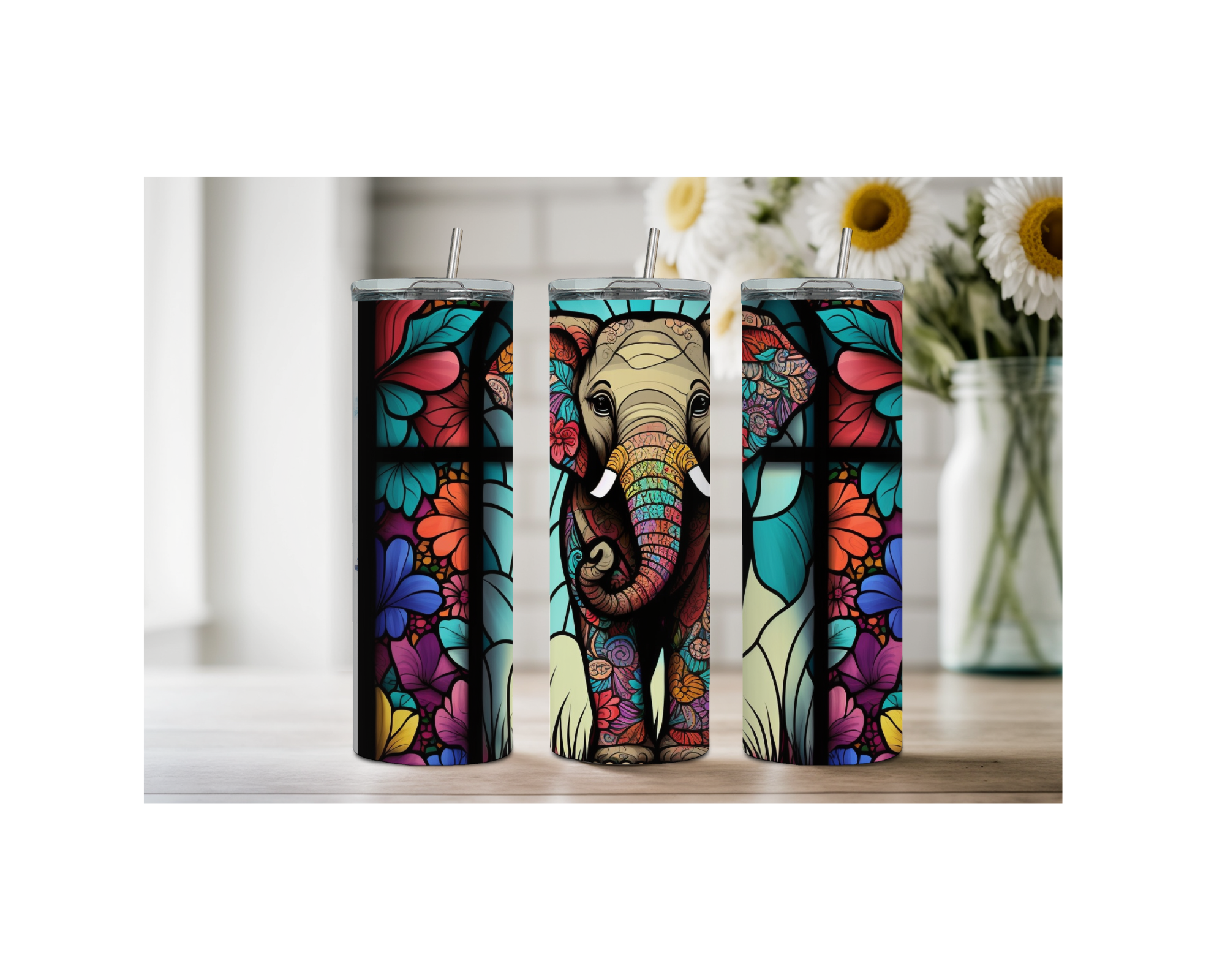 Colorful 20 ounce elephant stainless steel tumbler trio with floral design, perfect for elephant lovers.