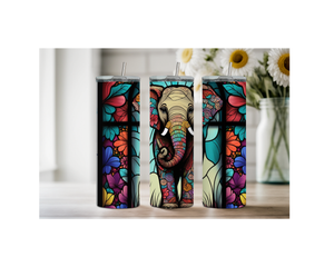 Colorful 20 ounce elephant stainless steel tumbler trio with floral design, perfect for elephant lovers.