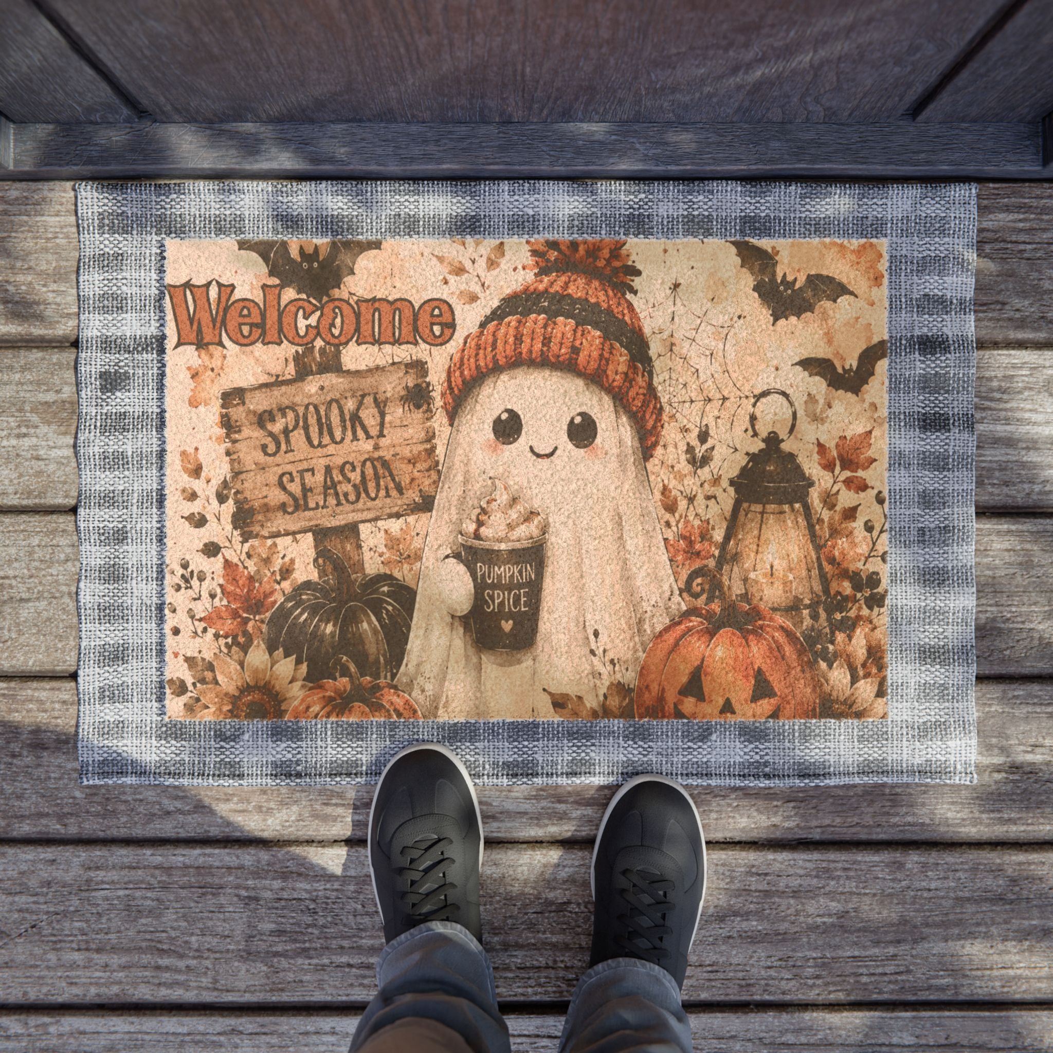 Welcome Spooky Season Halloween Doormat — Cute Ghost Pumpkin Fall Welcome Mat