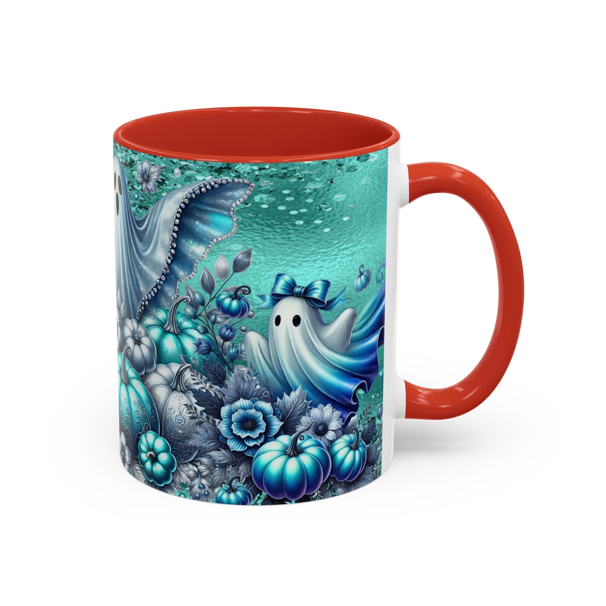 Teal Ghosts & Pumpkins Coffee Mug — Halloween Accent Mug (11/15 oz)