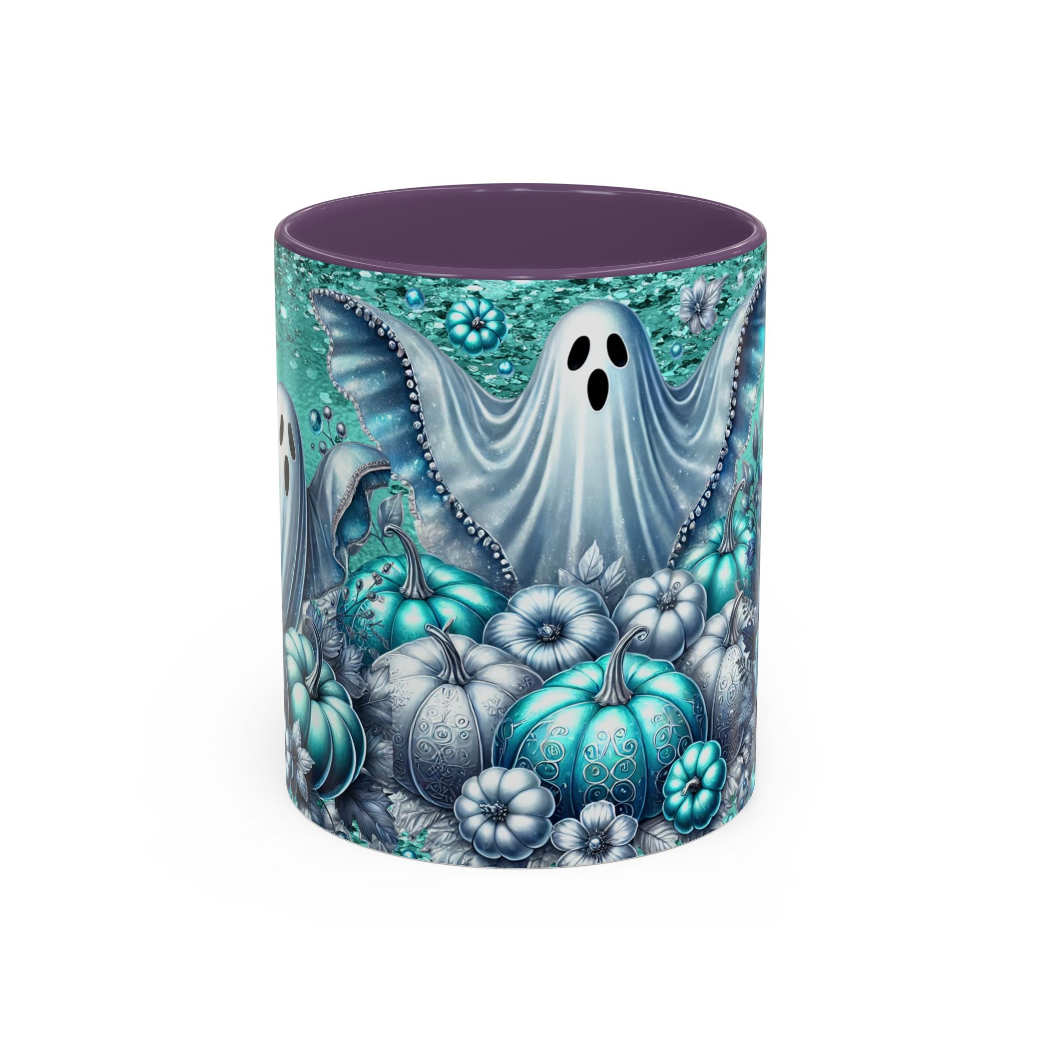 Teal Ghosts & Pumpkins Coffee Mug — Halloween Accent Mug (11/15 oz)