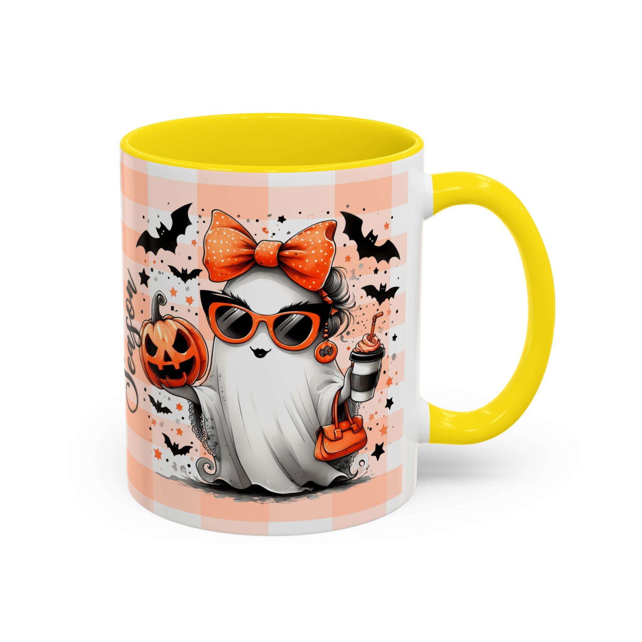 Spooky Season Accent Coffee Mug — Cute Halloween Ghost with Pumpkins (11/15oz)