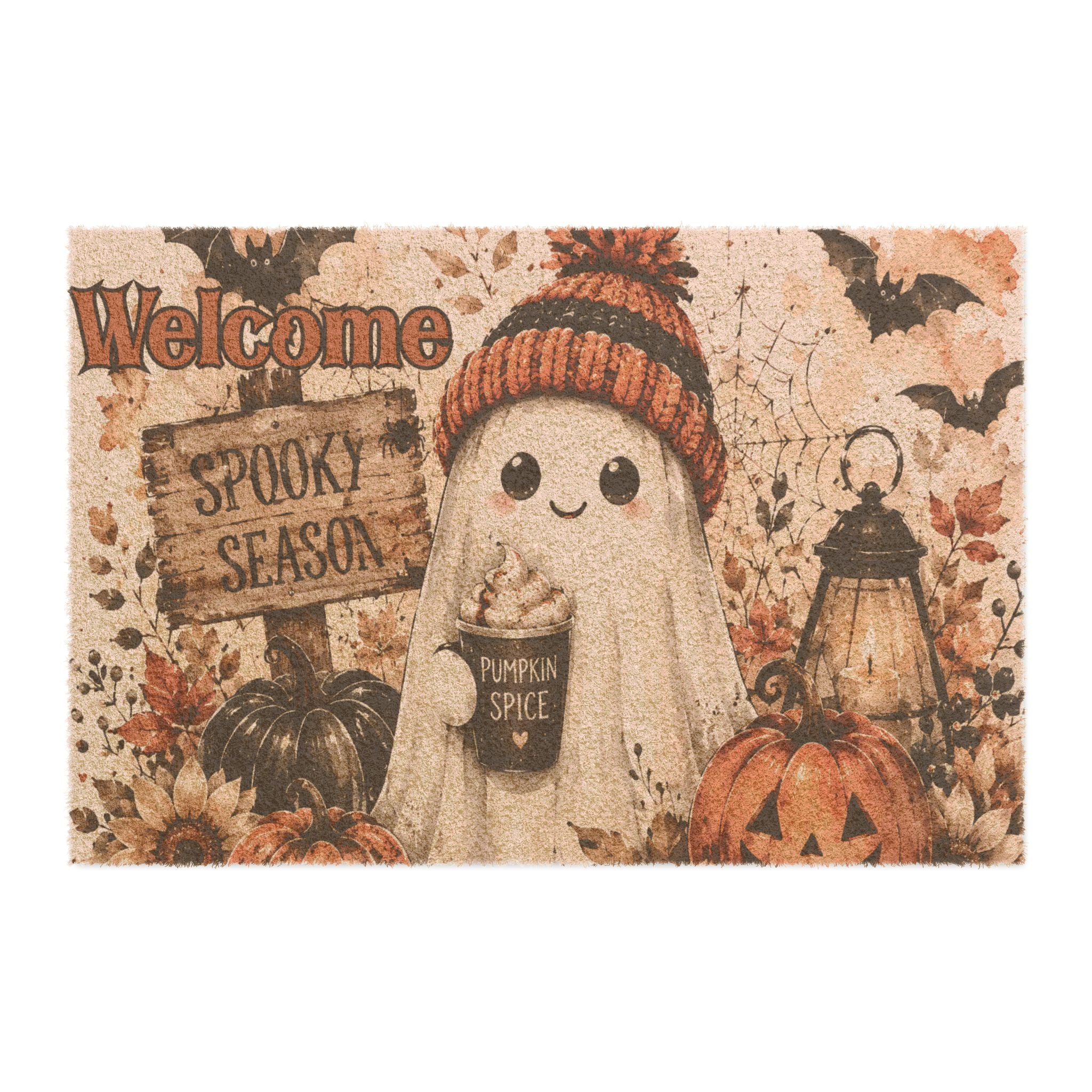 Welcome Spooky Season Halloween Doormat — Cute Ghost Pumpkin Fall Welcome Mat