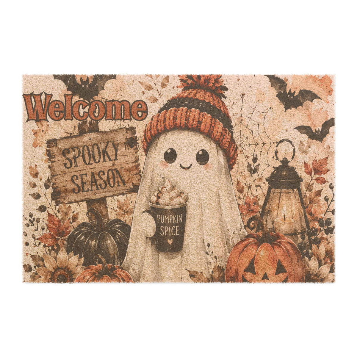 Welcome Spooky Season Halloween Doormat — Cute Ghost Pumpkin Fall Welcome Mat Printify