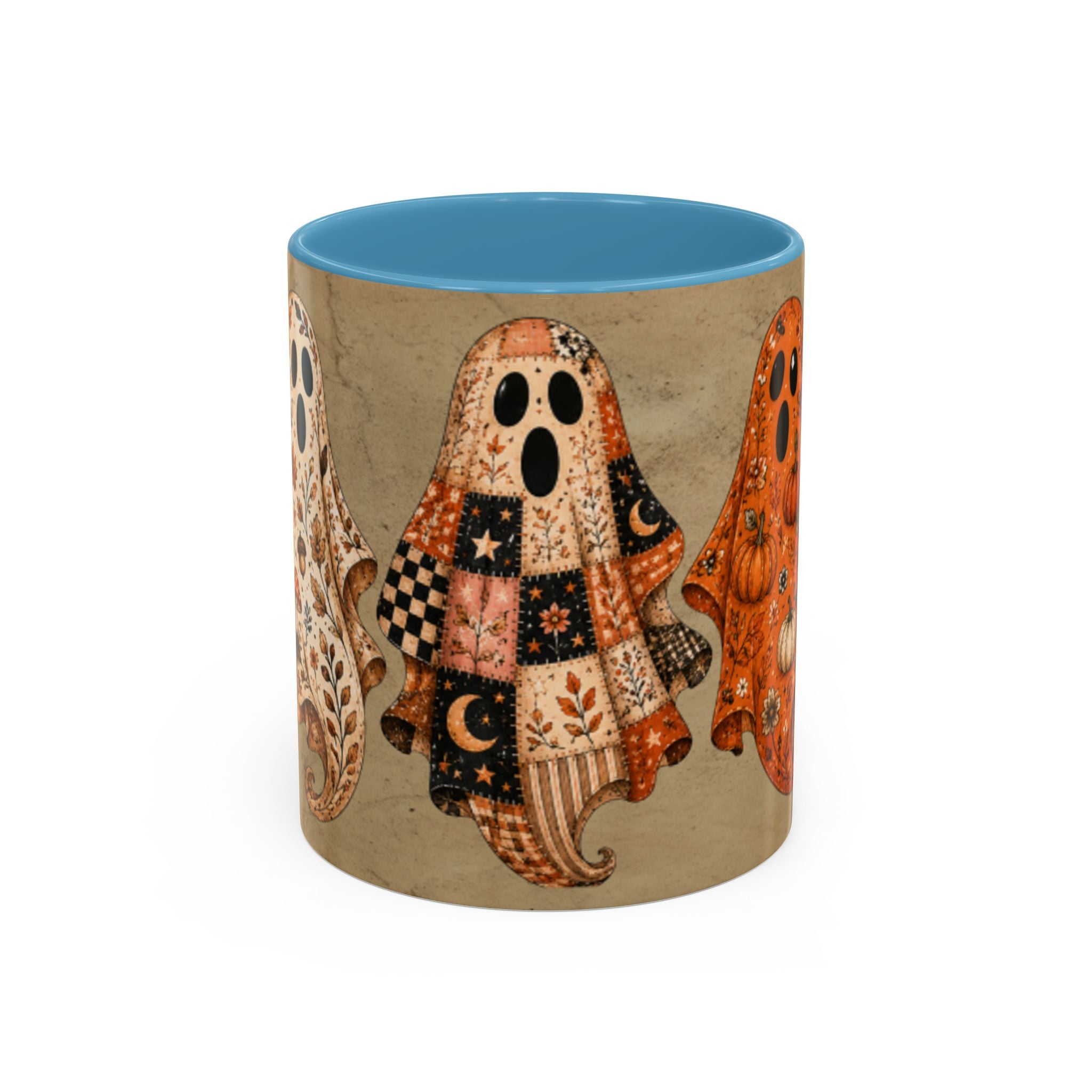 Preppy Ghost Halloween Patchwork Ghost Coffee Mug — Spooky Vintage Accent Ceramic Mug (11/15oz)