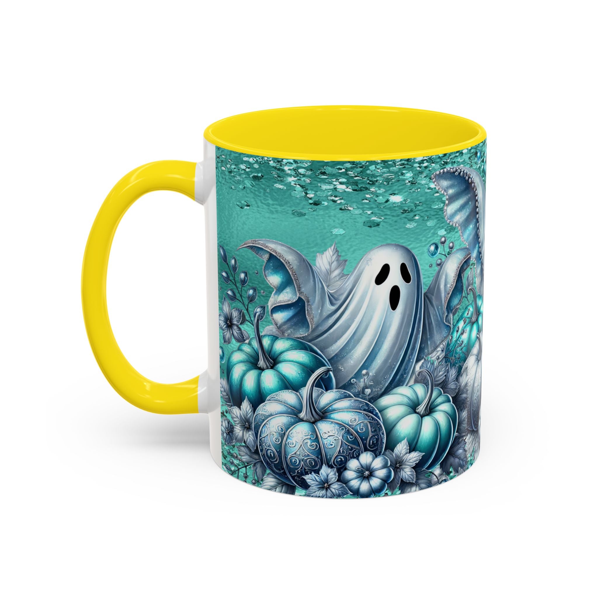 Teal Ghosts & Pumpkins Coffee Mug — Halloween Accent Mug (11/15 oz)