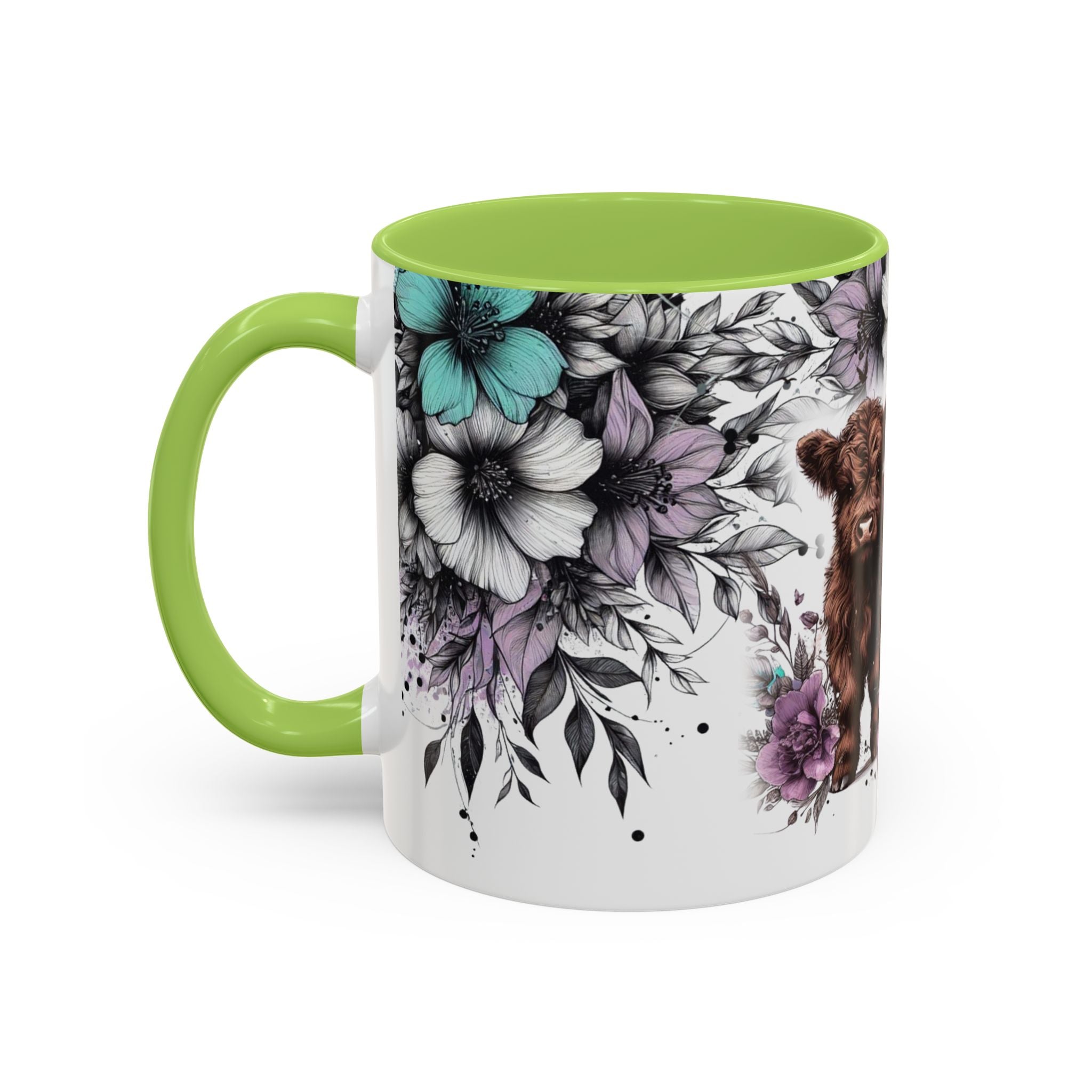Highland Cow Floral Accent Coffee Mug — Cute Rustic Farmhouse Kitchen Gift