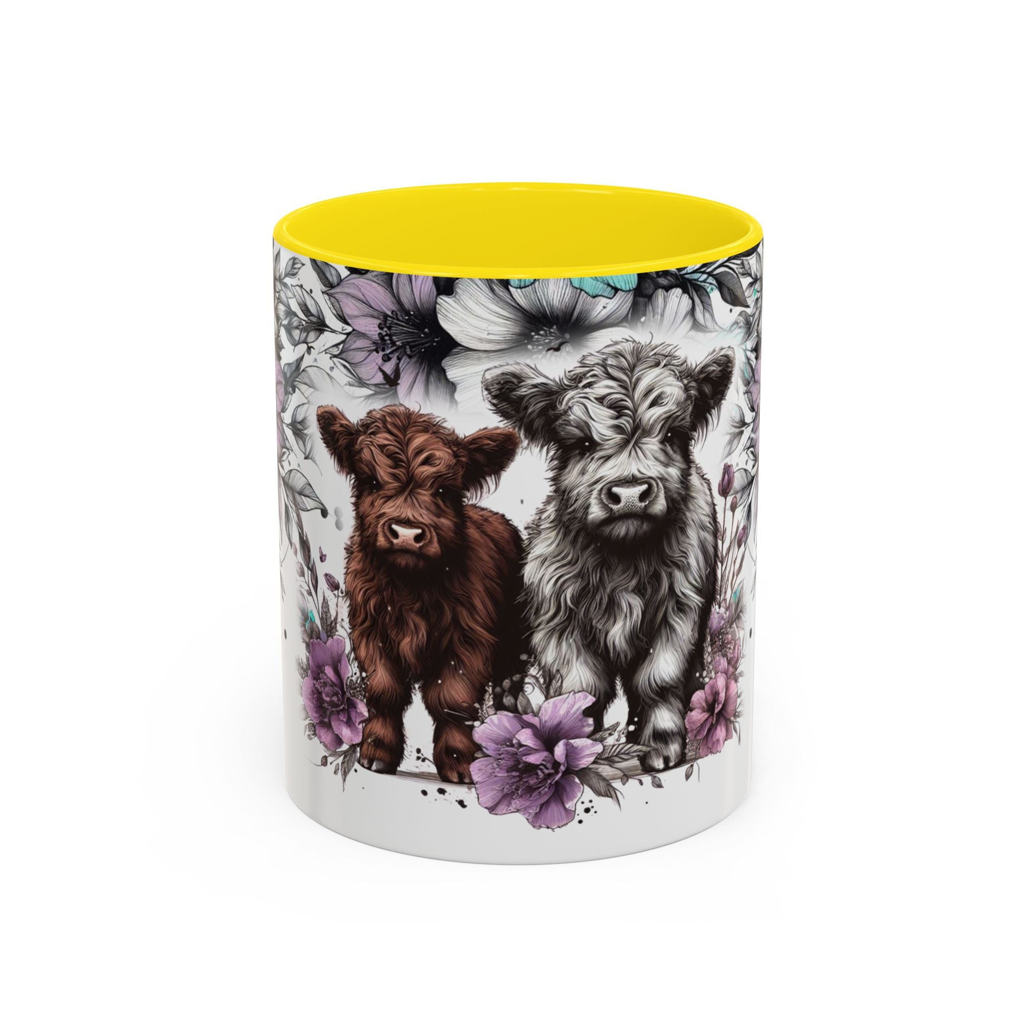 Highland Cow Floral Accent Coffee Mug — Cute Rustic Farmhouse Kitchen Gift