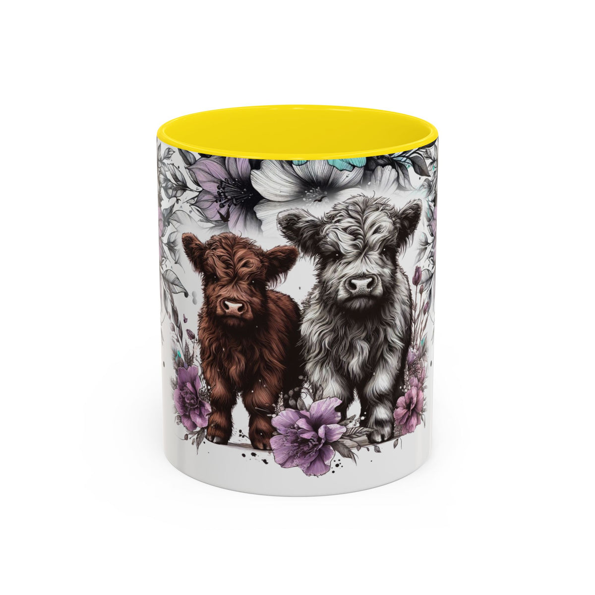 Highland Cow Floral Accent Coffee Mug — Cute Rustic Farmhouse Kitchen Gift Printify