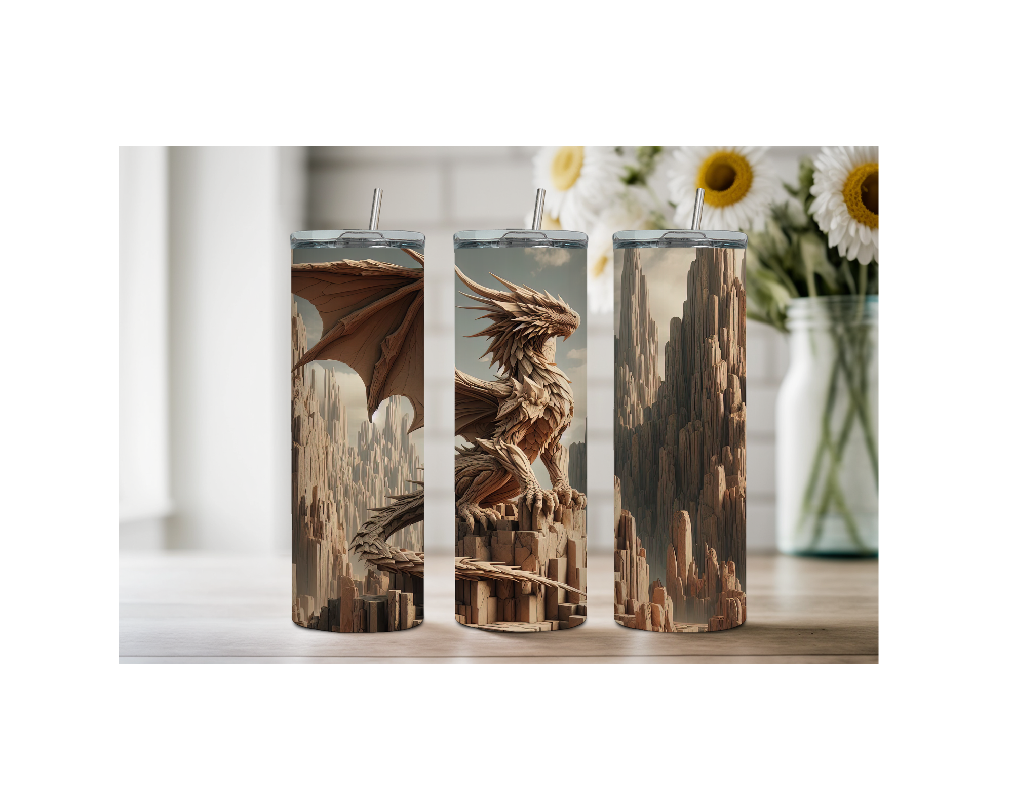 Three dragon scales stainless tumblers showcasing stunning artwork of a dragon and fantasy landscapes.