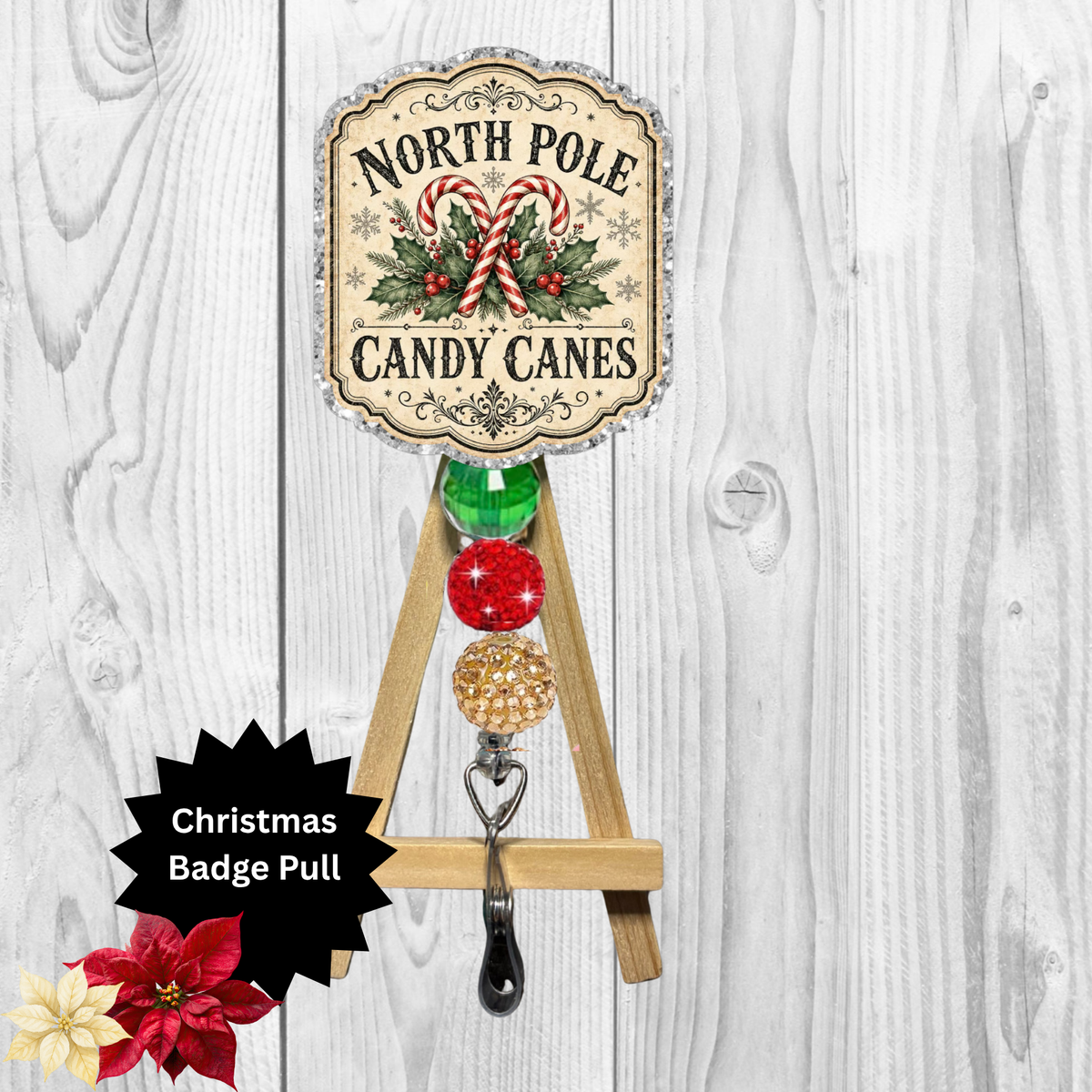 North Pole Candy Canes Glitter Badge Pull | Badge Reel TheCraftNook