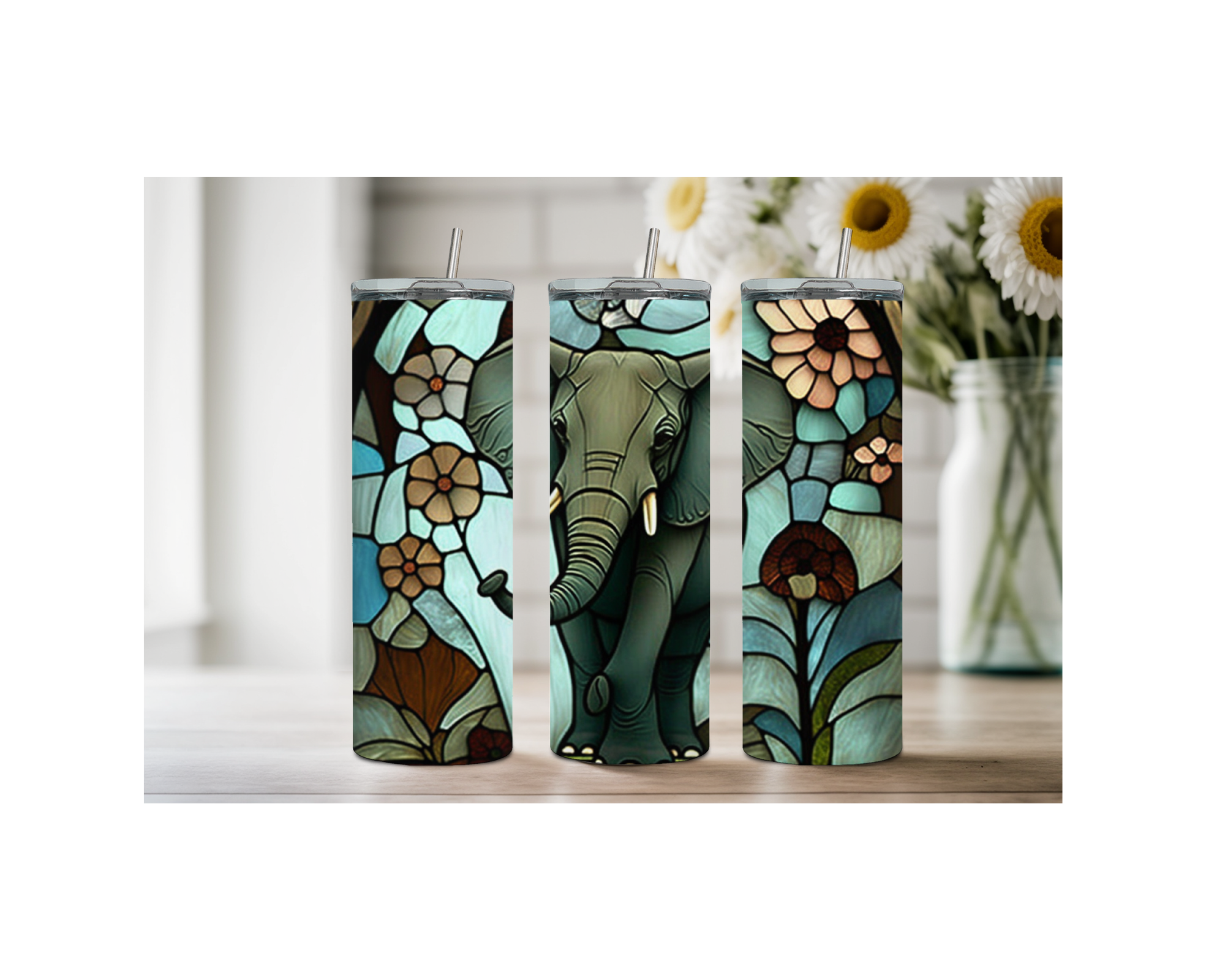Colorful elephant stainless steel tumbler set with floral designs, perfect for elephant lovers.