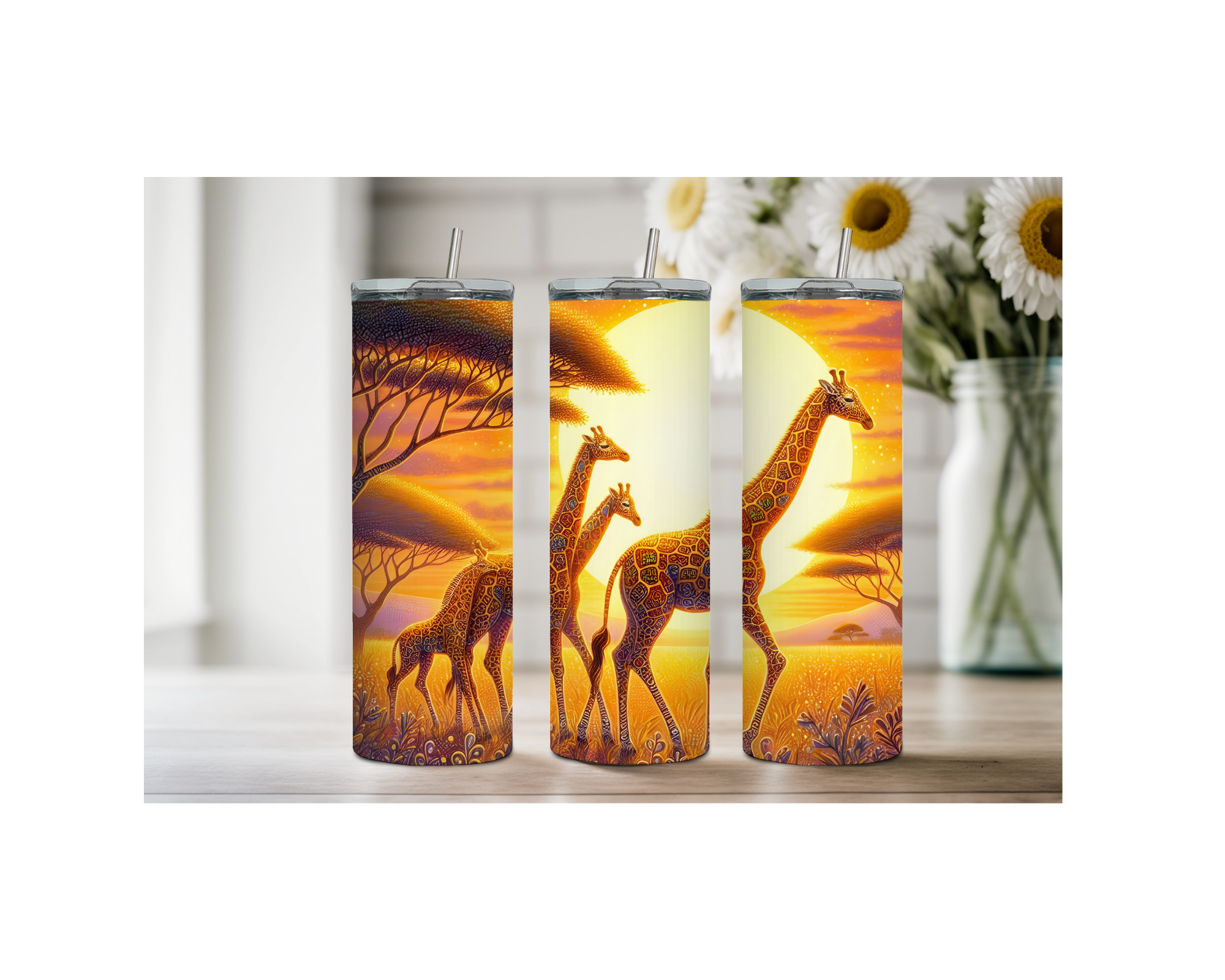 Three 20-ounce giraffe stainless steel tumblers with sunset artwork, perfect for giraffe lovers.