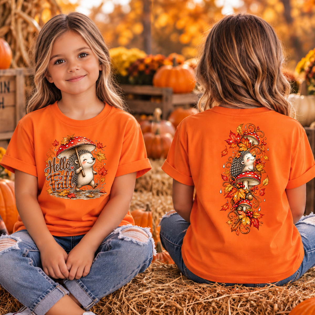Kids Hello Fall Hedgehog Front and back Graphics TheCraftNook