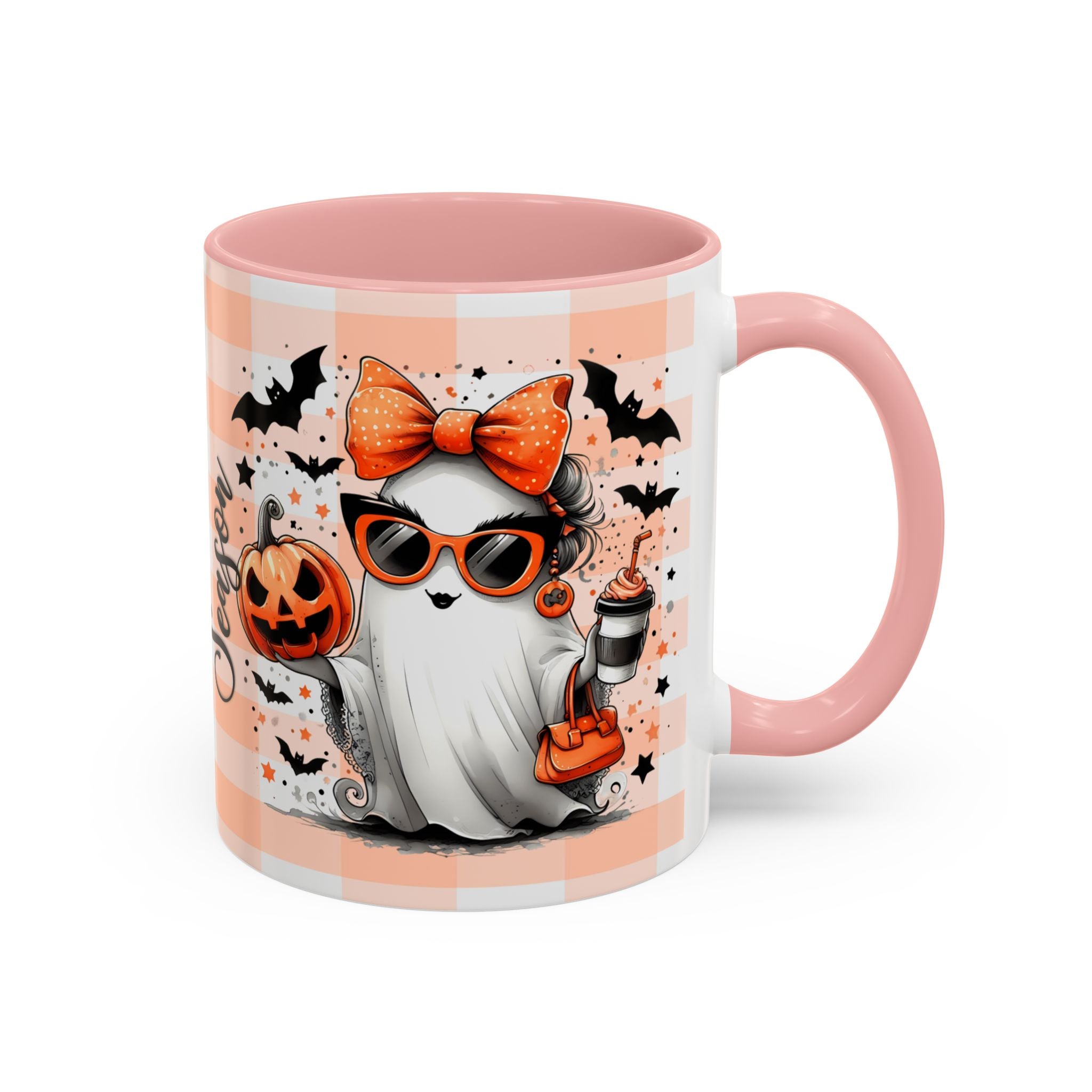 Spooky Season Accent Coffee Mug — Cute Halloween Ghost with Pumpkins (11/15oz)