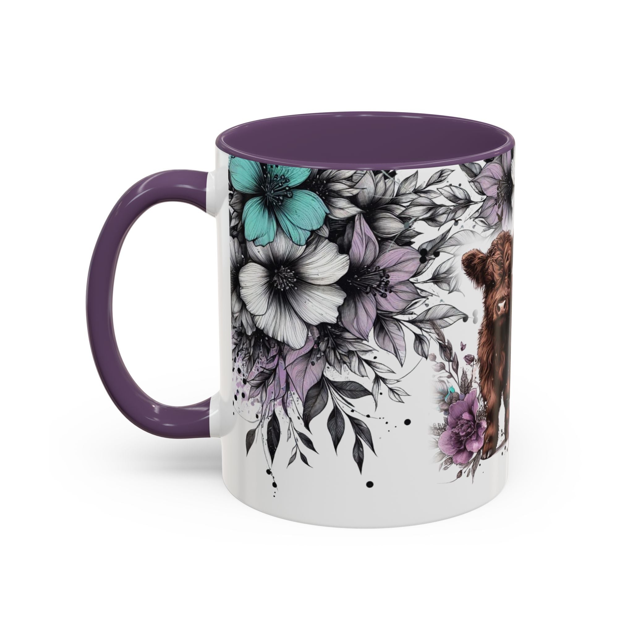 Highland Cow Floral Accent Coffee Mug — Cute Rustic Farmhouse Kitchen Gift