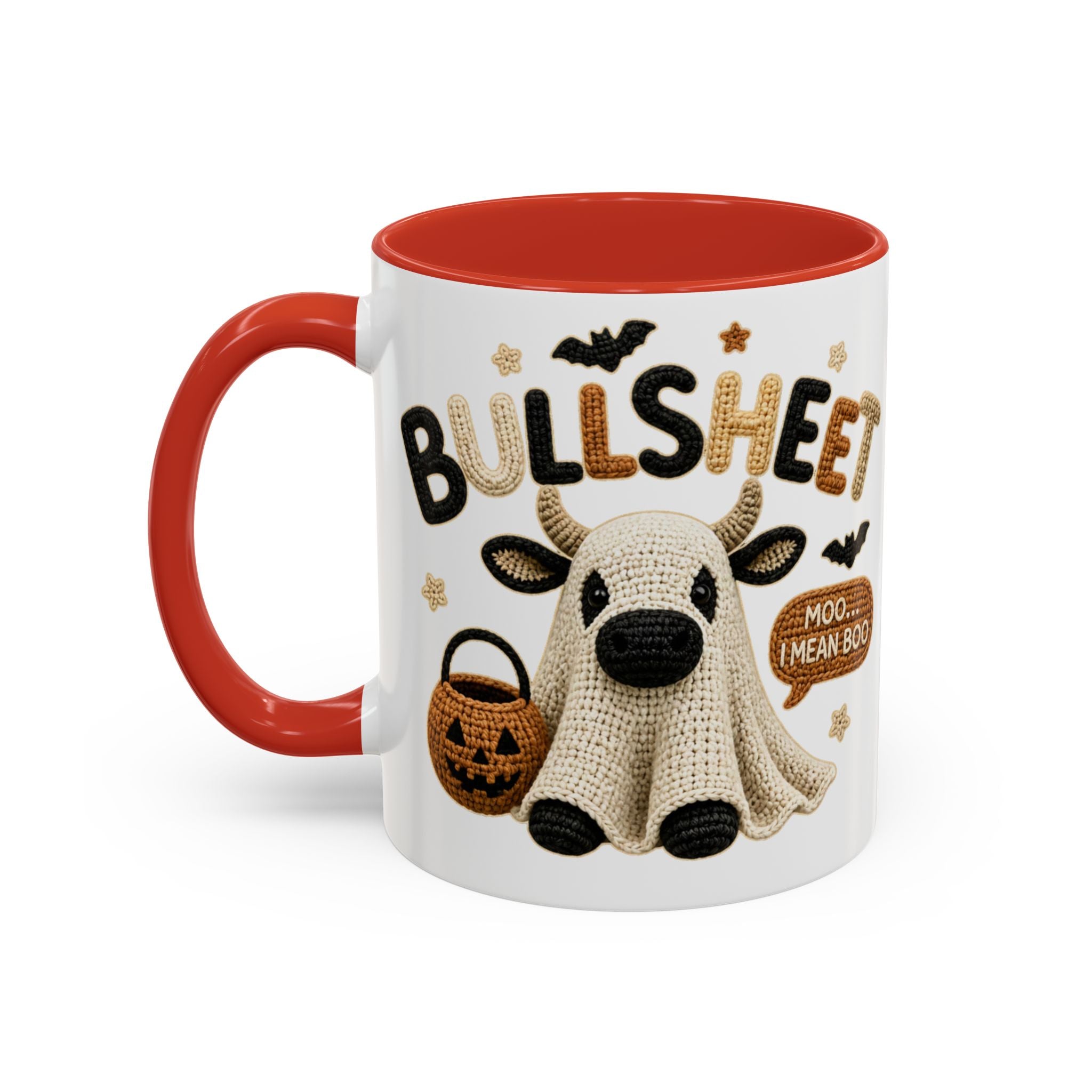 Bullsheet Faux Crochet Accent Coffee Mug — Cute Ghost Cow Trick-or-Treat Design (11oz)