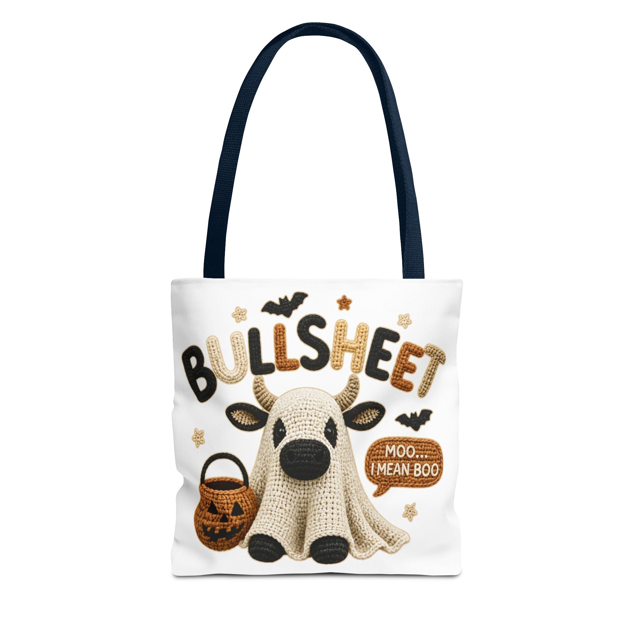 Bullsheet Halloween Faux Crochet Tote Bag — Cute Cow Ghost Trick-or-Treat Bag