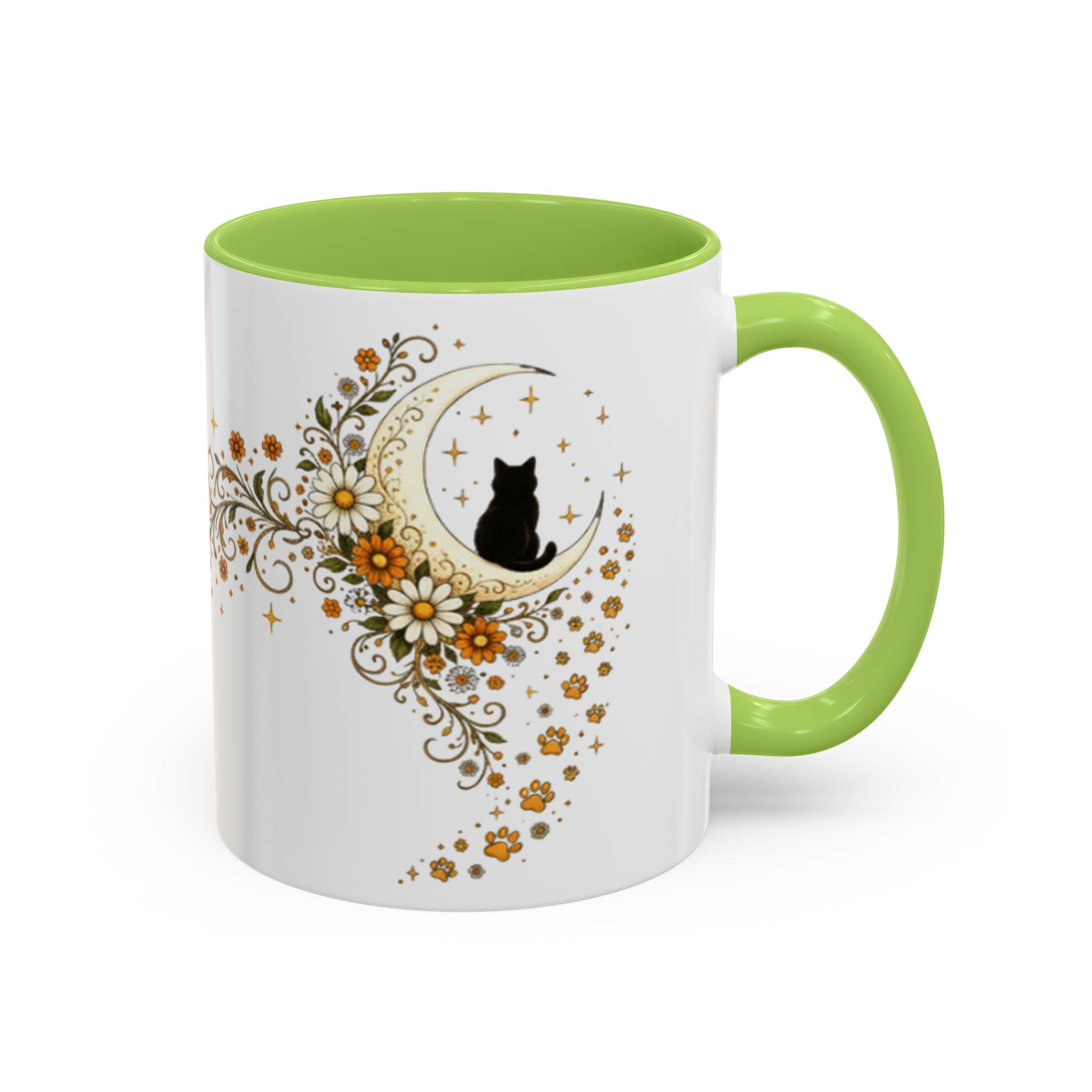 Purranormal Activity Accent Coffee Mug — Black Cat Crescent Moon Floral 11/15oz