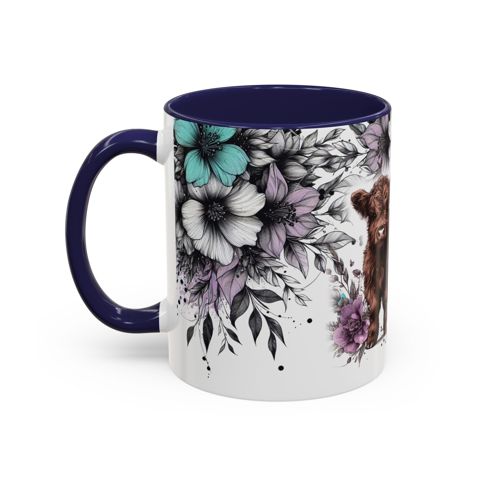 Highland Cow Floral Accent Coffee Mug — Cute Rustic Farmhouse Kitchen Gift
