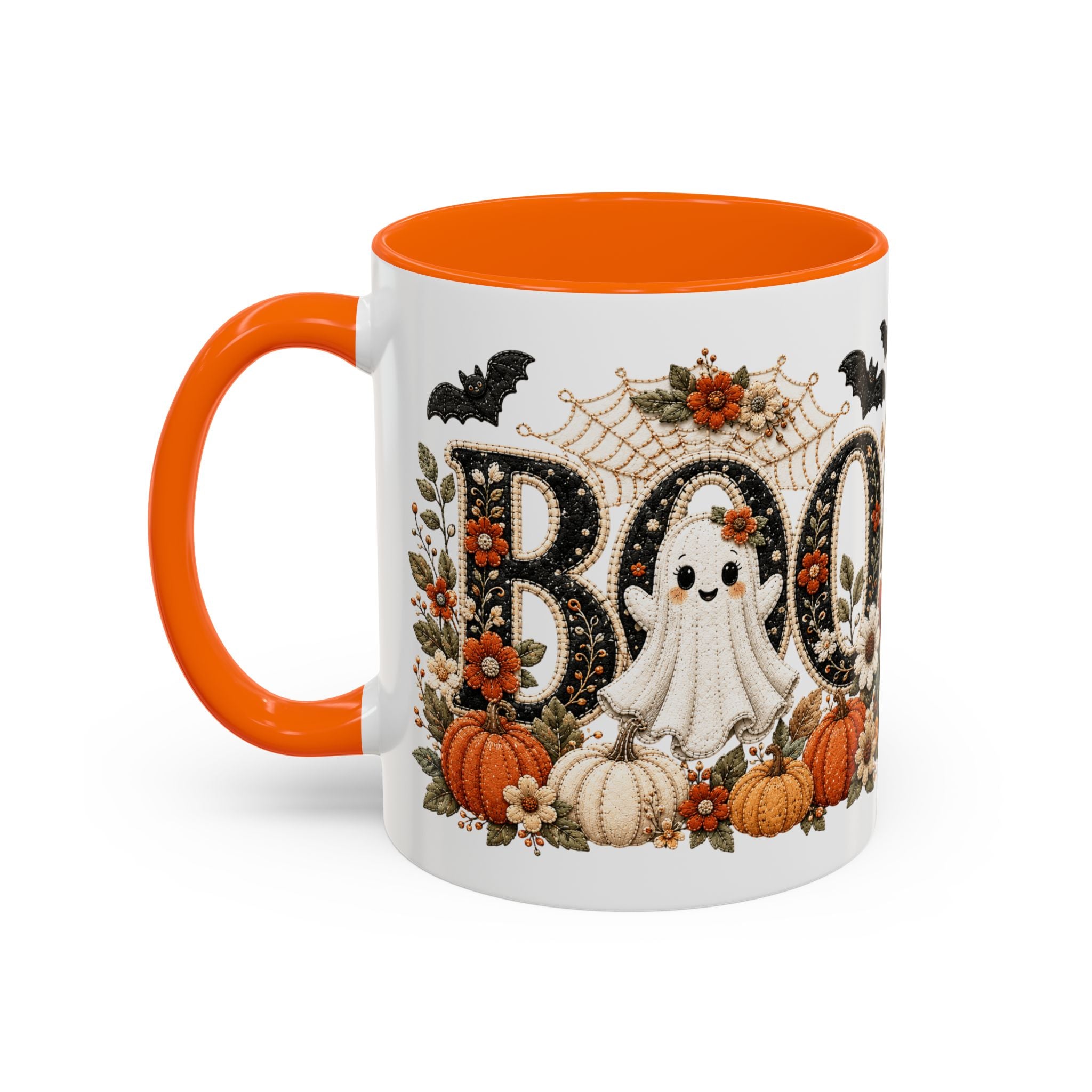 Cute Boo Coffee Mug — Cute Ghost, Pumpkins & Autumn Floral Accent Mug (11oz)
